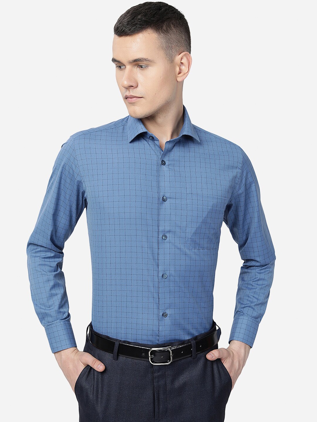 

Greenfibre Checks Slim Fit Cotton Formal Shirt, Blue