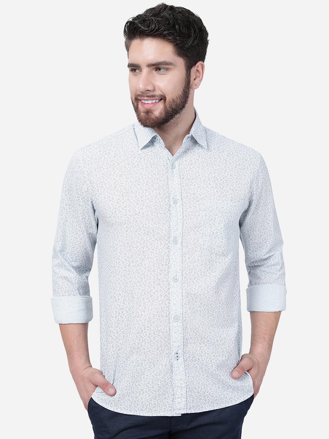 

Greenfibre Slim Fit Micro Ditsy Printed Pure Cotton Casual Shirt, White