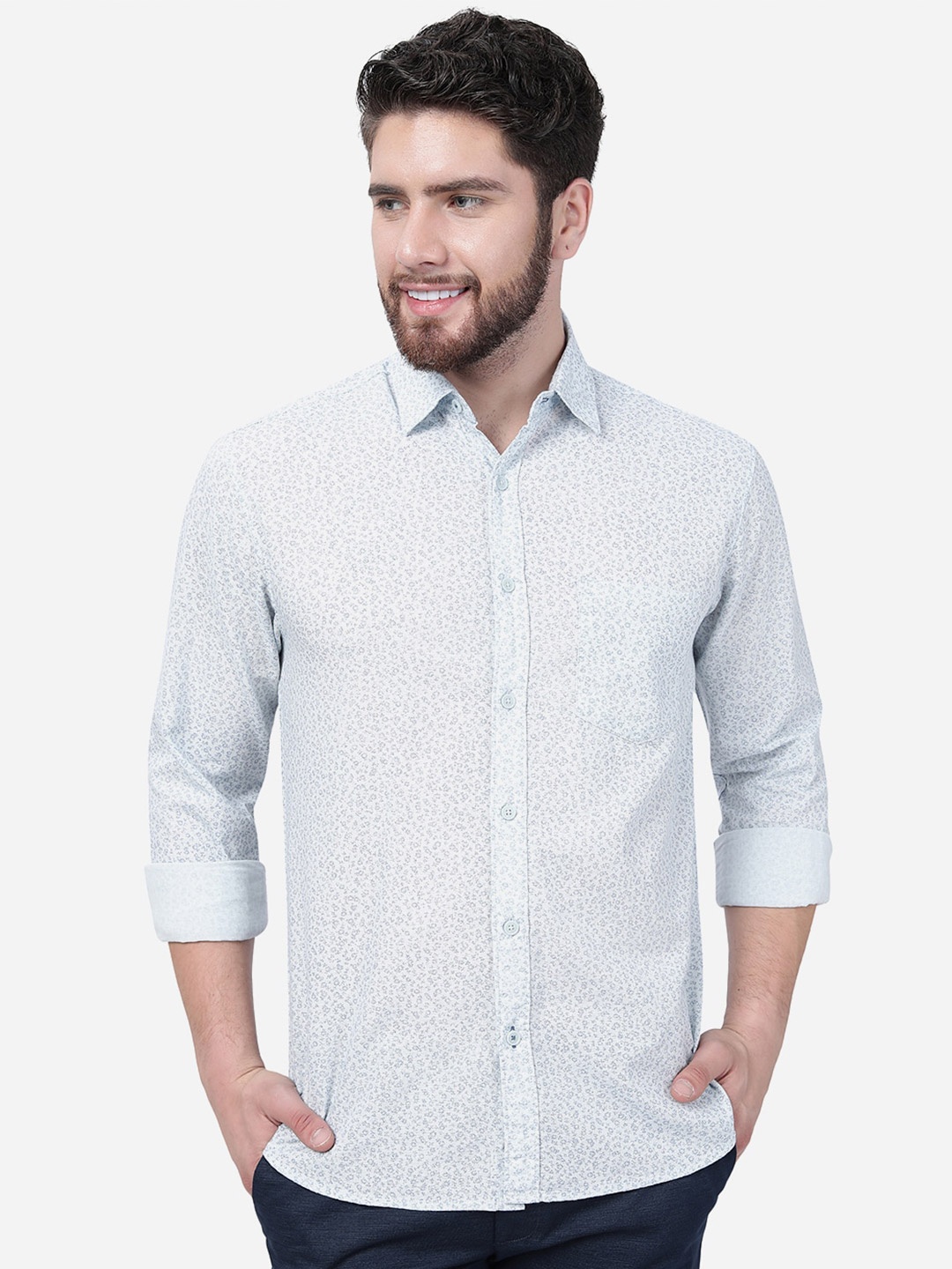 

Greenfibre Slim Fit Micro Ditsy Printed Pure Cotton Casual Shirt, White