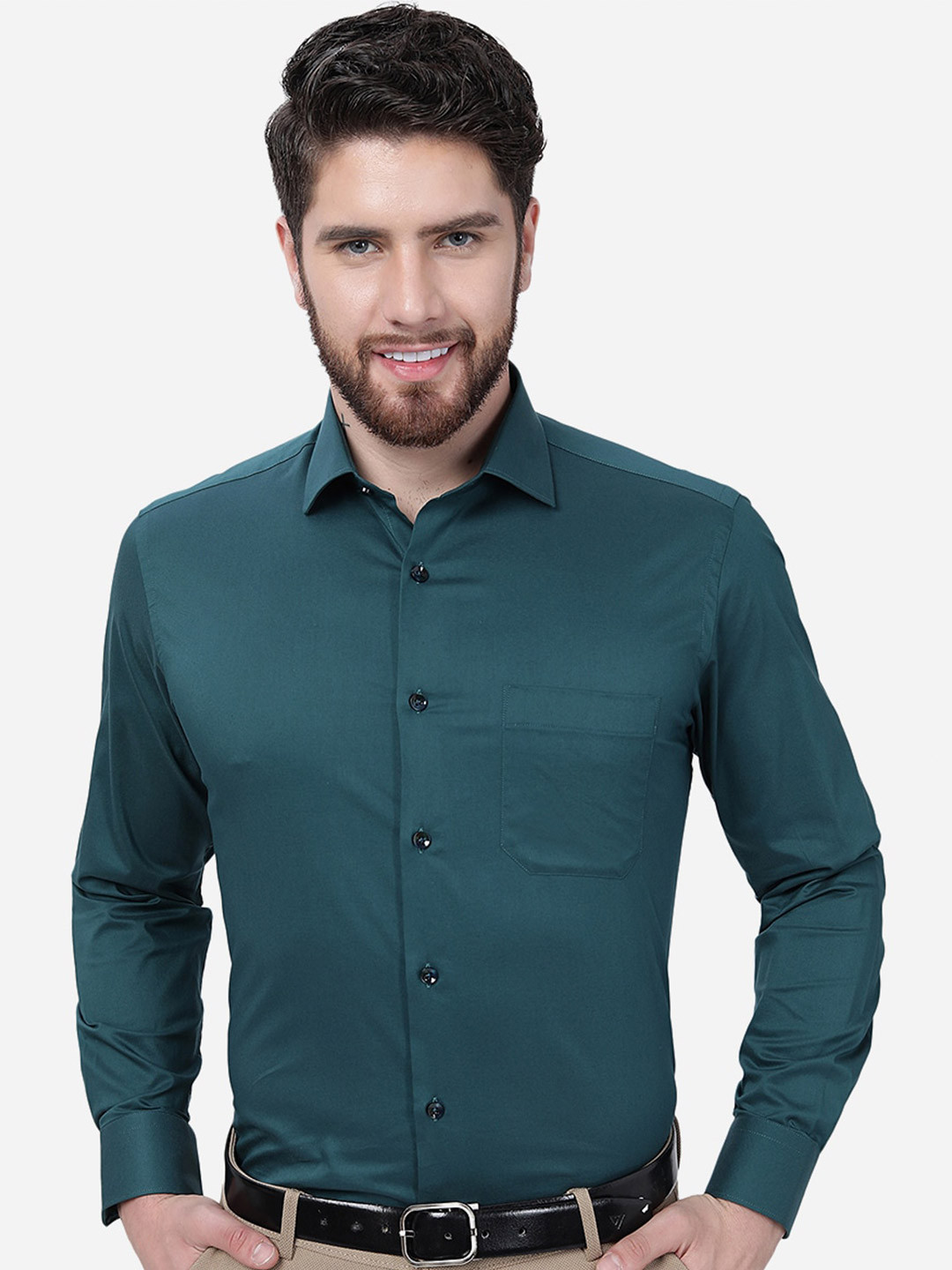 

Greenfibre Spread Collar Pure Cotton Slim Fit Formal Shirt, Green