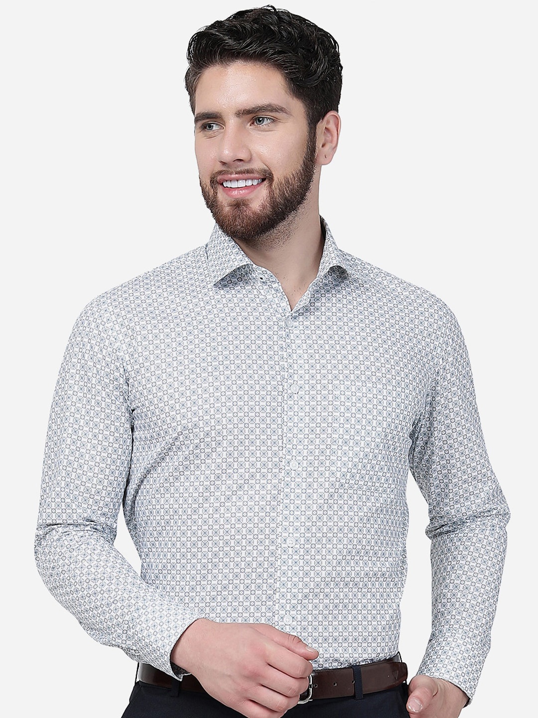 

Greenfibre Slim Fit Ethnic Motifs Printed Cotton Formal Shirt, White