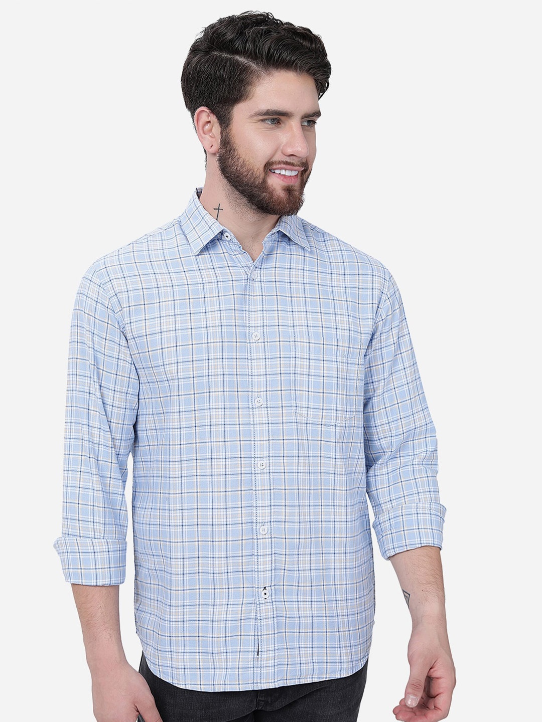 

Greenfibre Checks Slim Fit Pure Cotton Casual Shirt, Blue