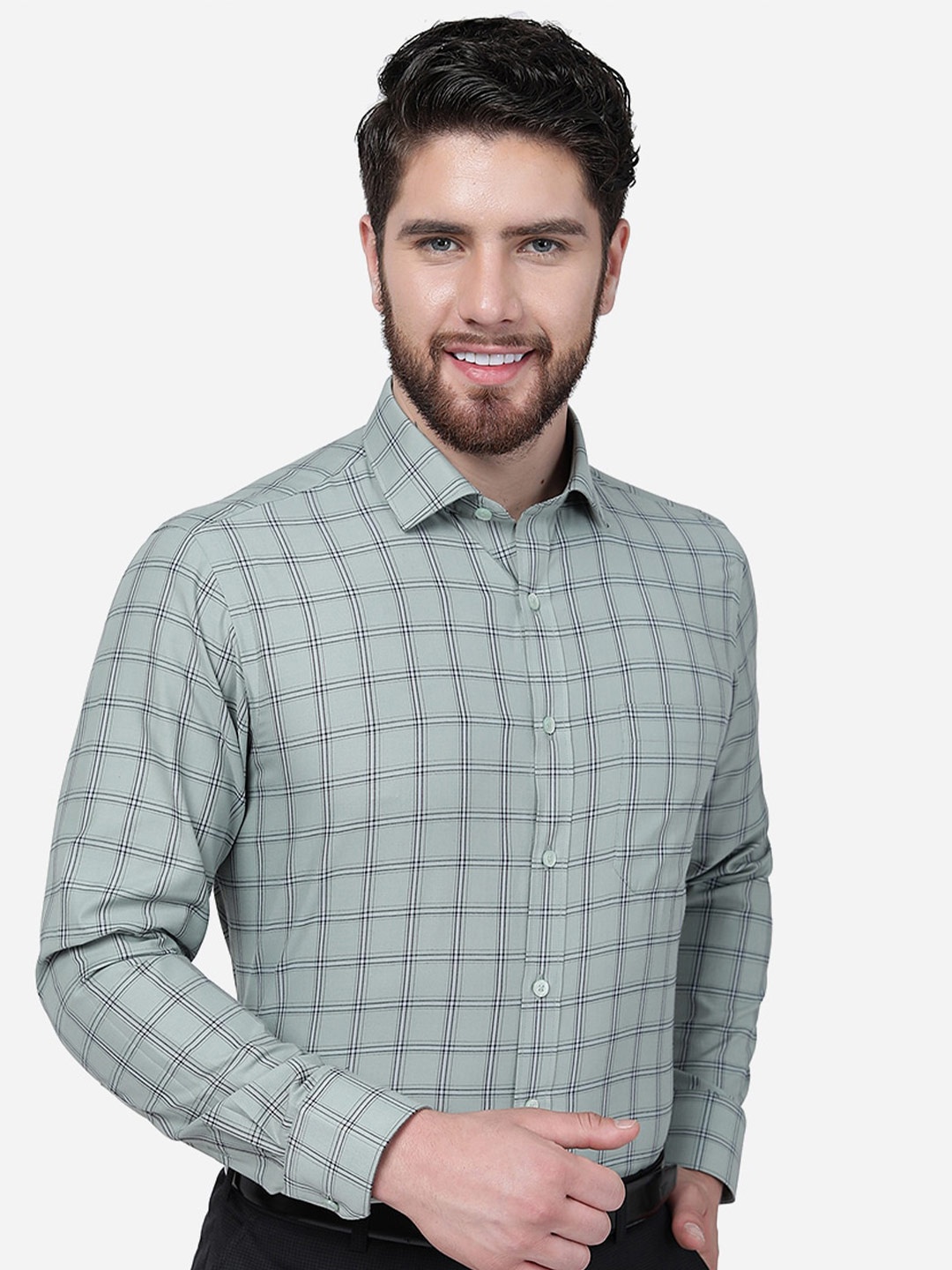 

Greenfibre Checks Slim Fit Cotton Formal Shirt, Green