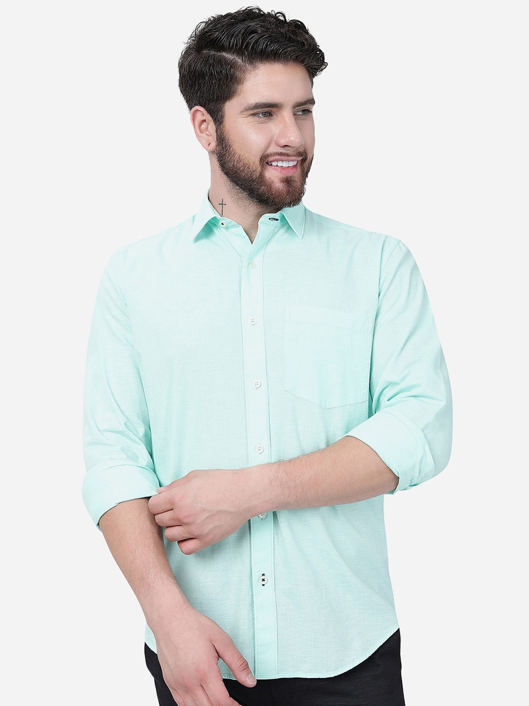 

Greenfibre Spread Collar Pure Cotton Casual Shirt, Green
