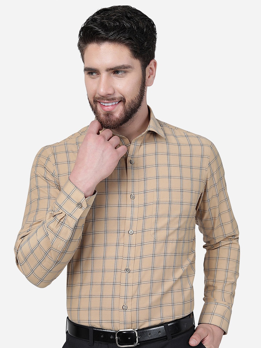 

Greenfibre Slim Fit Windowpane Checks Checked Formal Shirt, Khaki