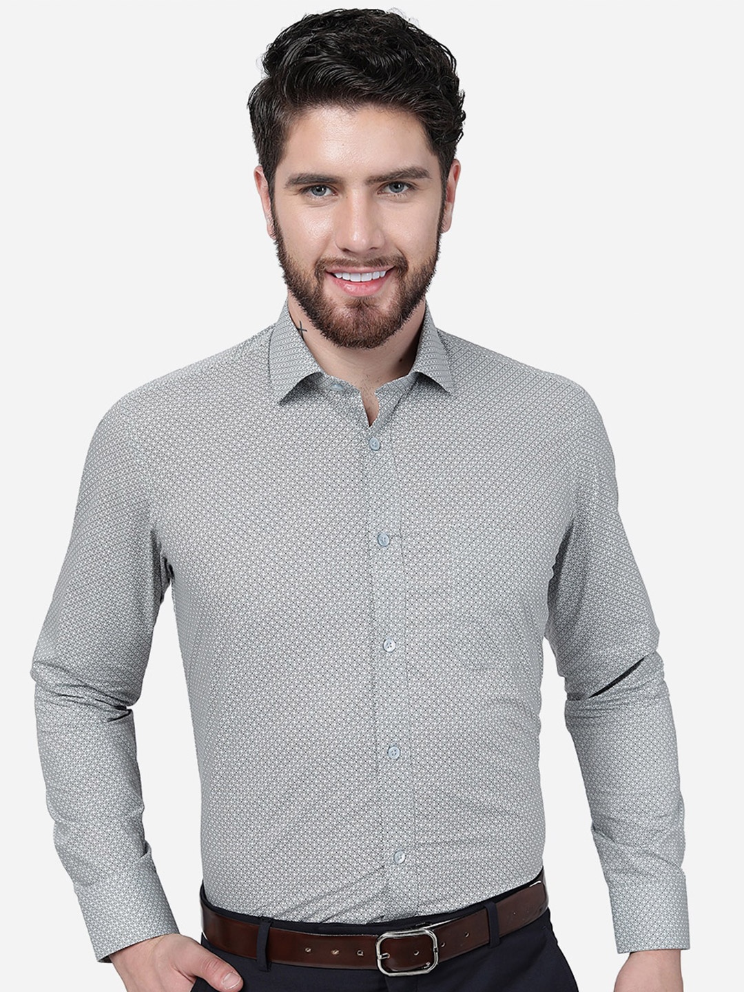 

Greenfibre Micro Ditsy Printed Slim Fit Formal Shirt, Grey