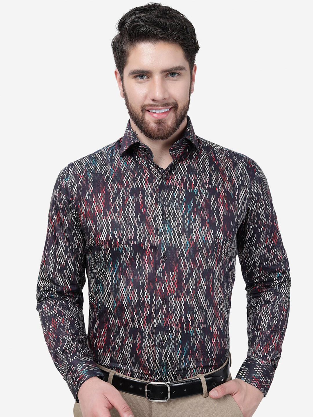 

JB STUDIO Slim Fit Geometric Printed Pure Cotton Formal Shirt, Black