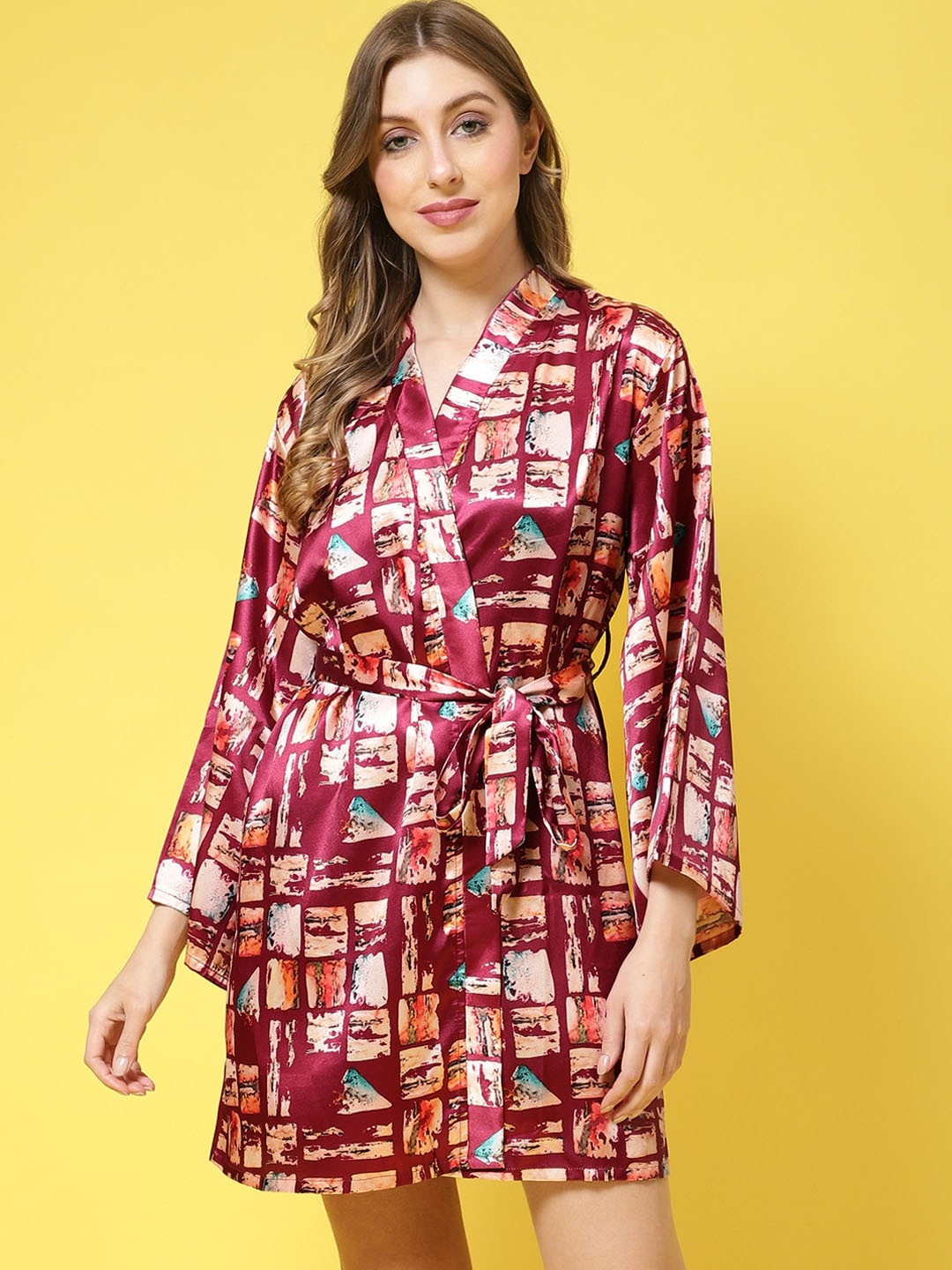 

Claura Women Printed Silk Satin robe, Maroon