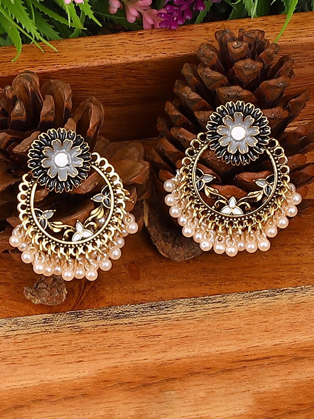 

Jewelz Set Of 2 Gold-Plated Stone-Studded & Beaded Contemporary Drop Earrings, White
