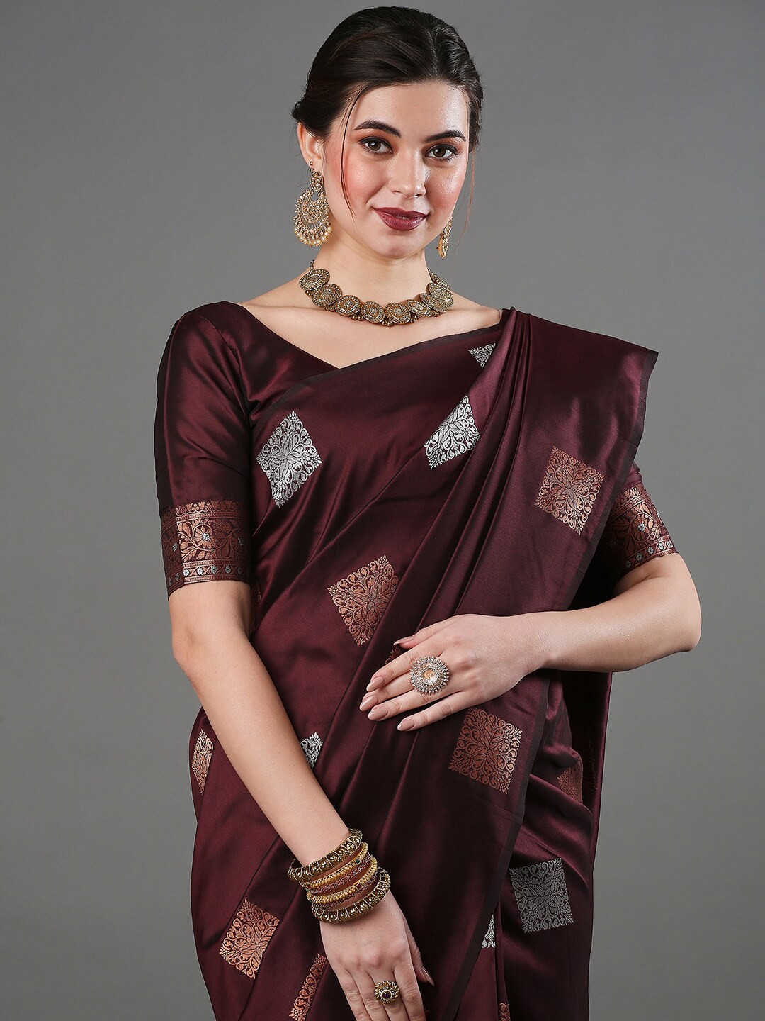 

Mitera Ethnic Motifs Woven Design Zari Banarasi Saree, Coffee brown
