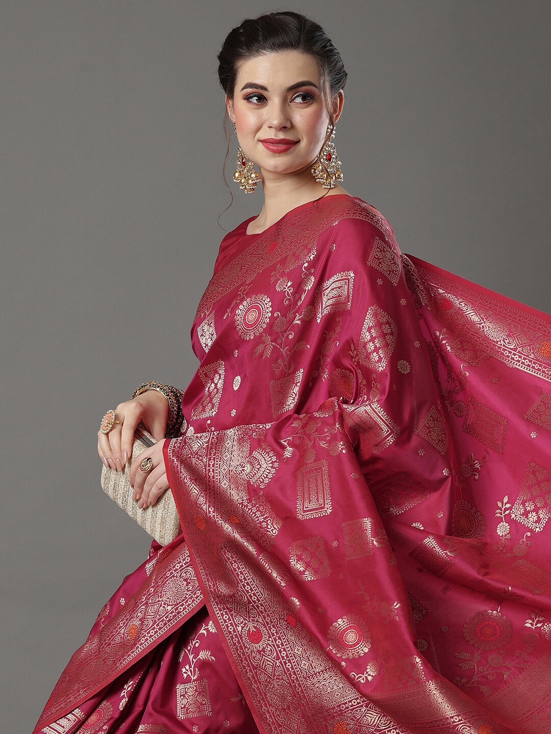 

Mitera Woven Design Zari Silk Blend Banarasi Saree, Pink