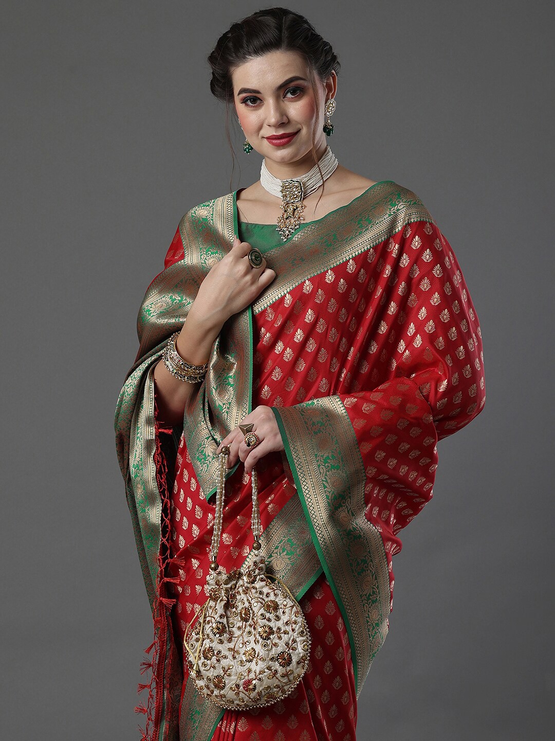 

Mitera Woven Design Zari Silk Blend Banarasi Saree, Red