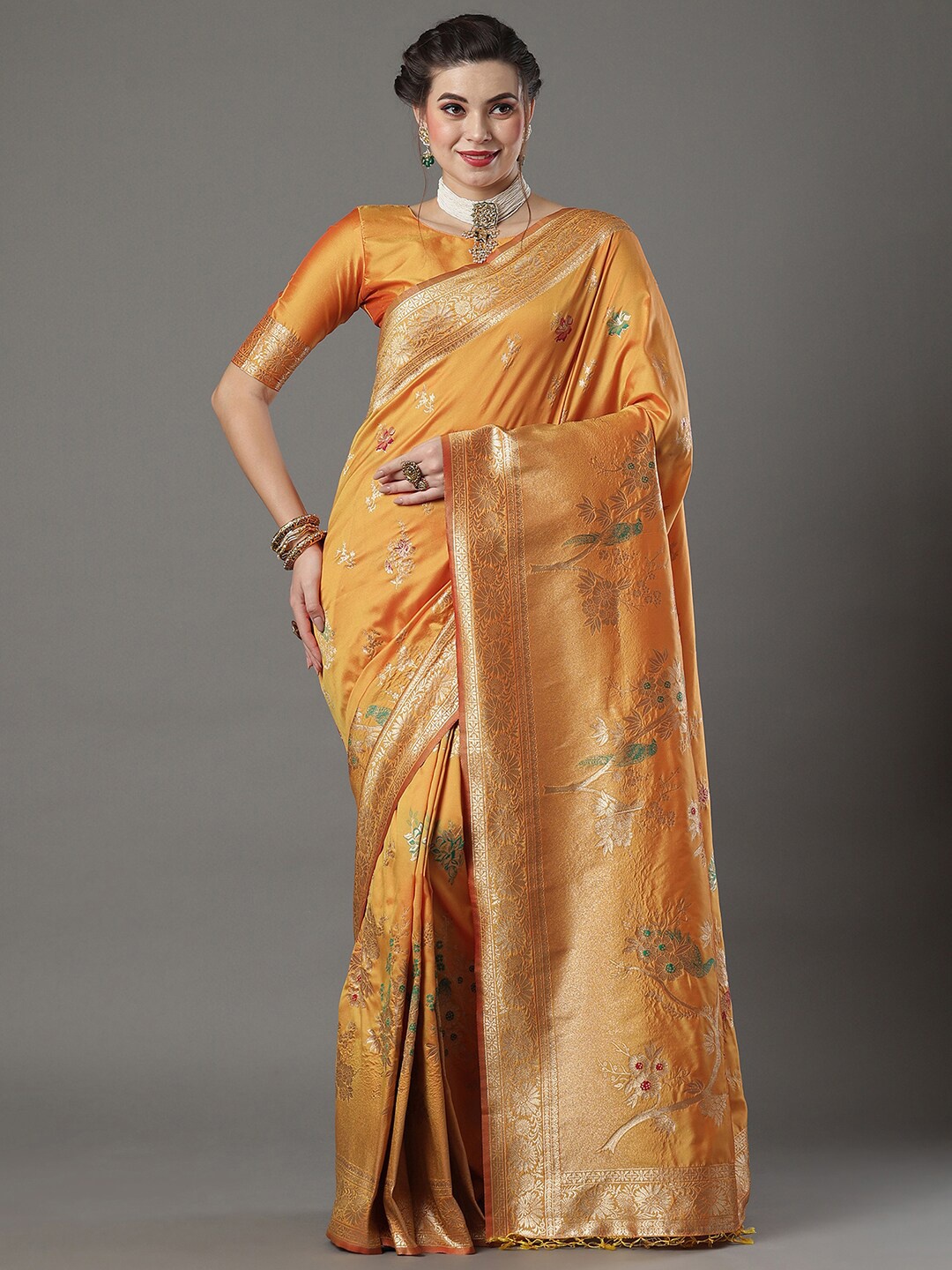 

Mitera Woven Design Zari Silk Blend Banarasi Saree, Yellow