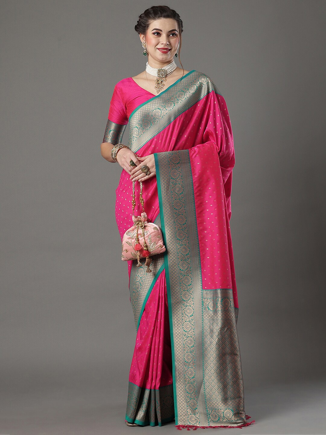 

Mitera Floral Woven Design Zari Banarasi Saree, Pink
