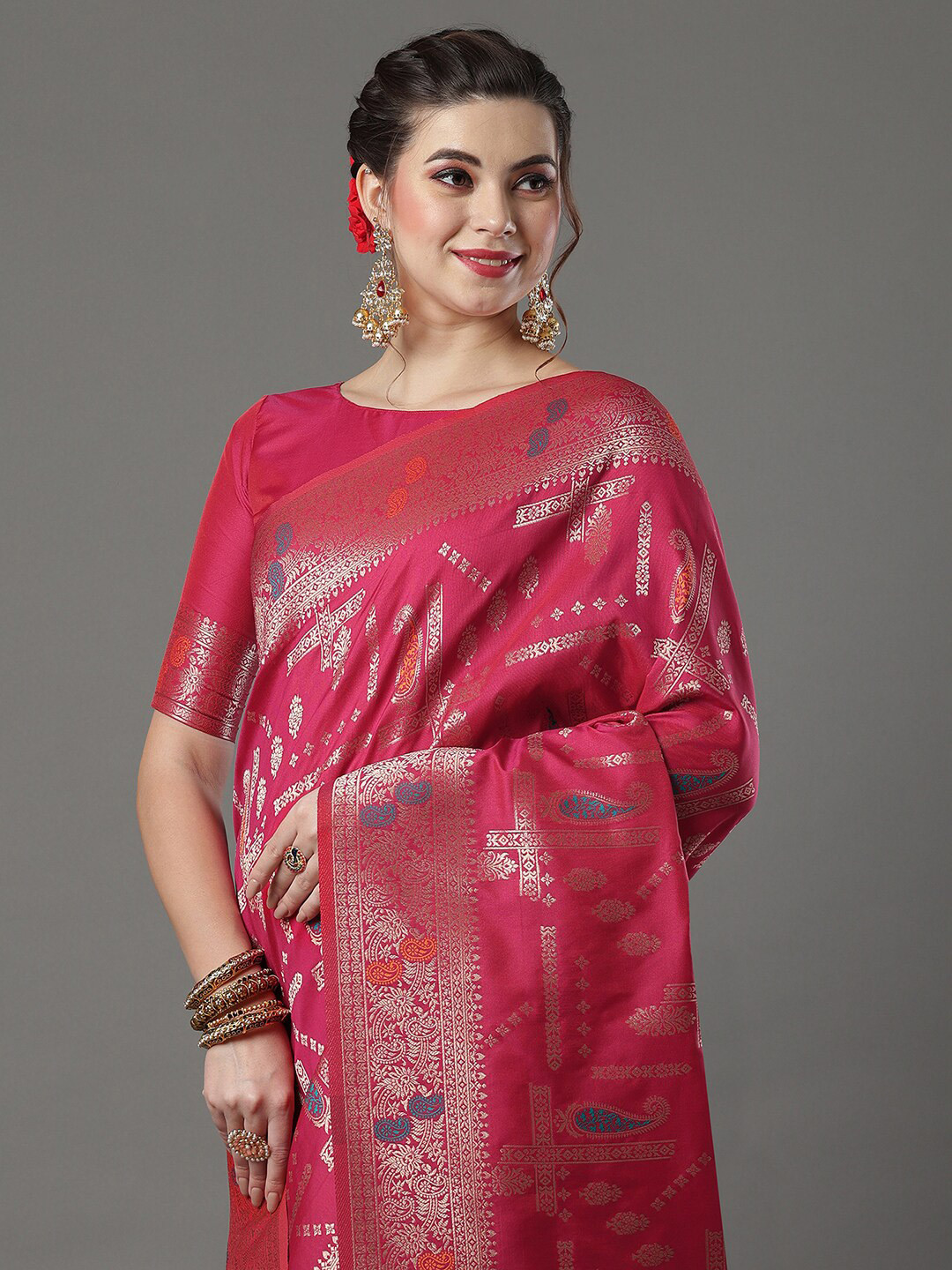 

Mitera Paisley Woven Design Zari Banarasi Saree, Pink