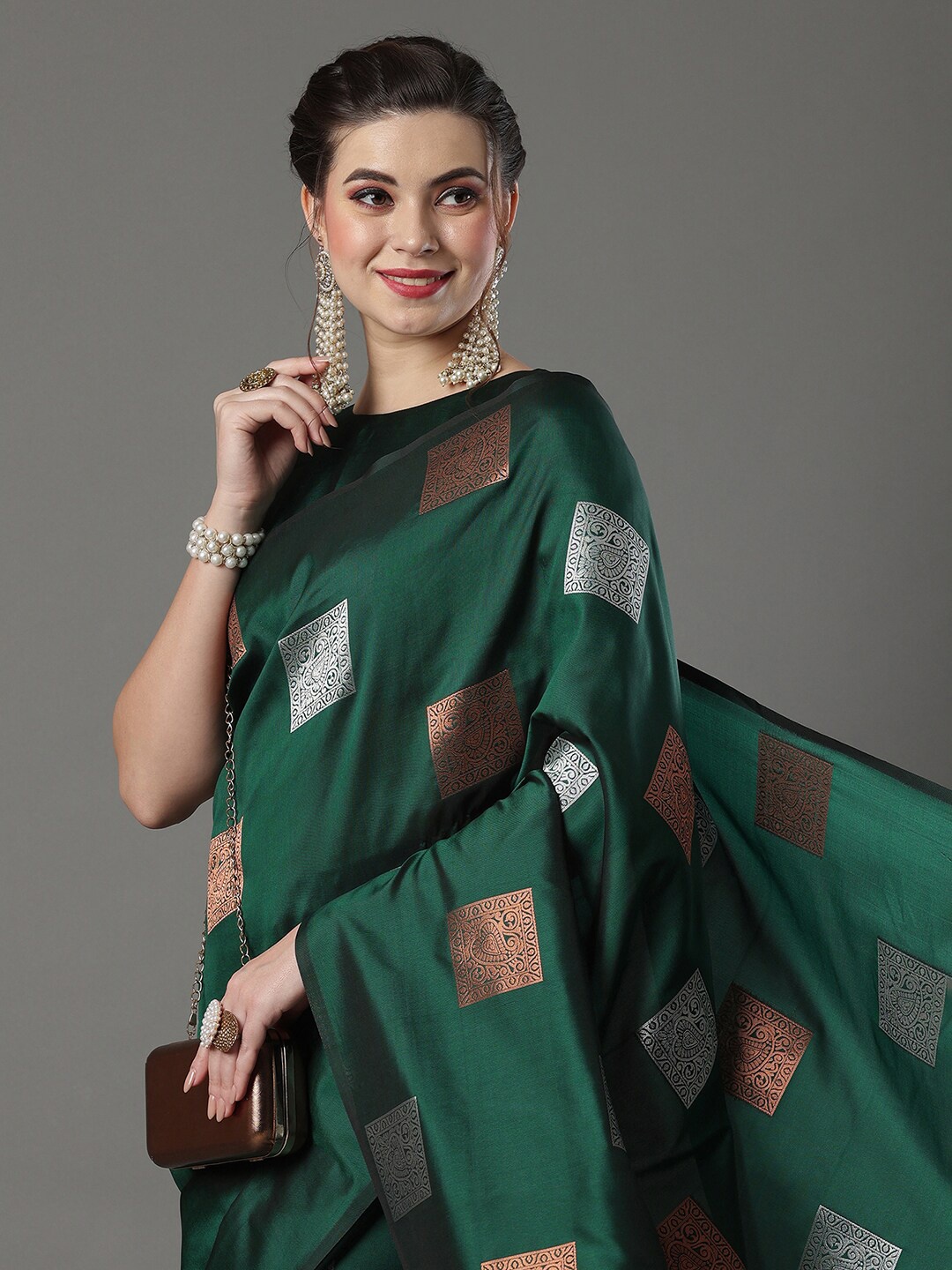 

Mitera Woven Design Zari Silk Blend Banarasi Saree, Green