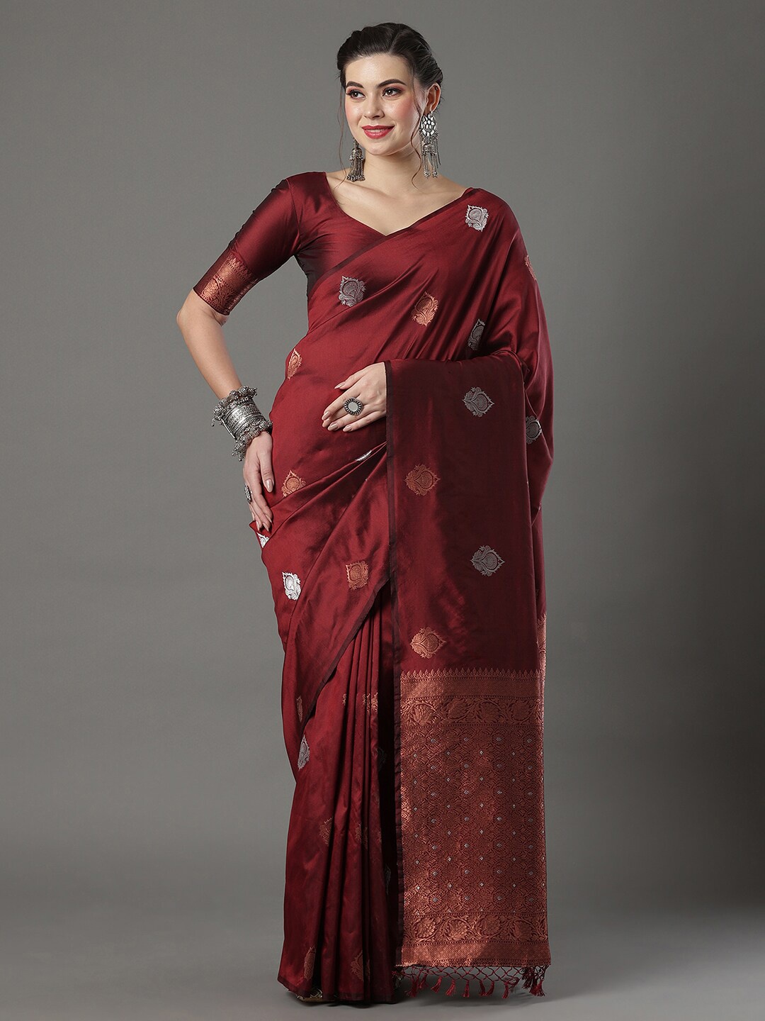 

Mitera Woven Design Zari Silk Blend Banarasi Saree, Maroon