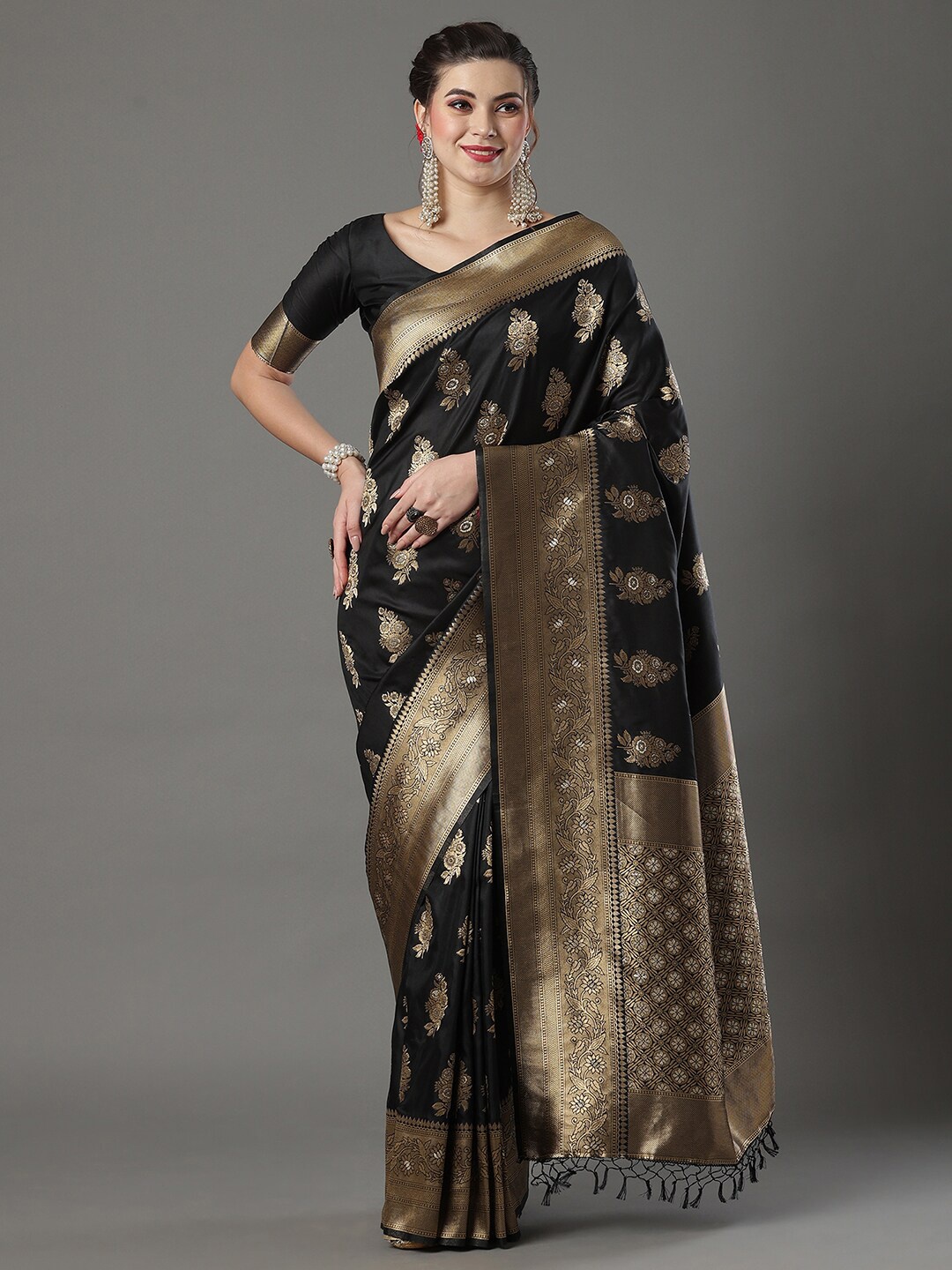 

Mitera Woven Design Zari Silk Blend Banarasi Saree, Black
