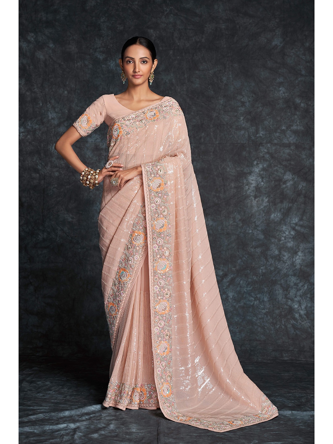 

Fusionic Sequinned Embellished Pure Georgette Heavy WoSaree, Peach
