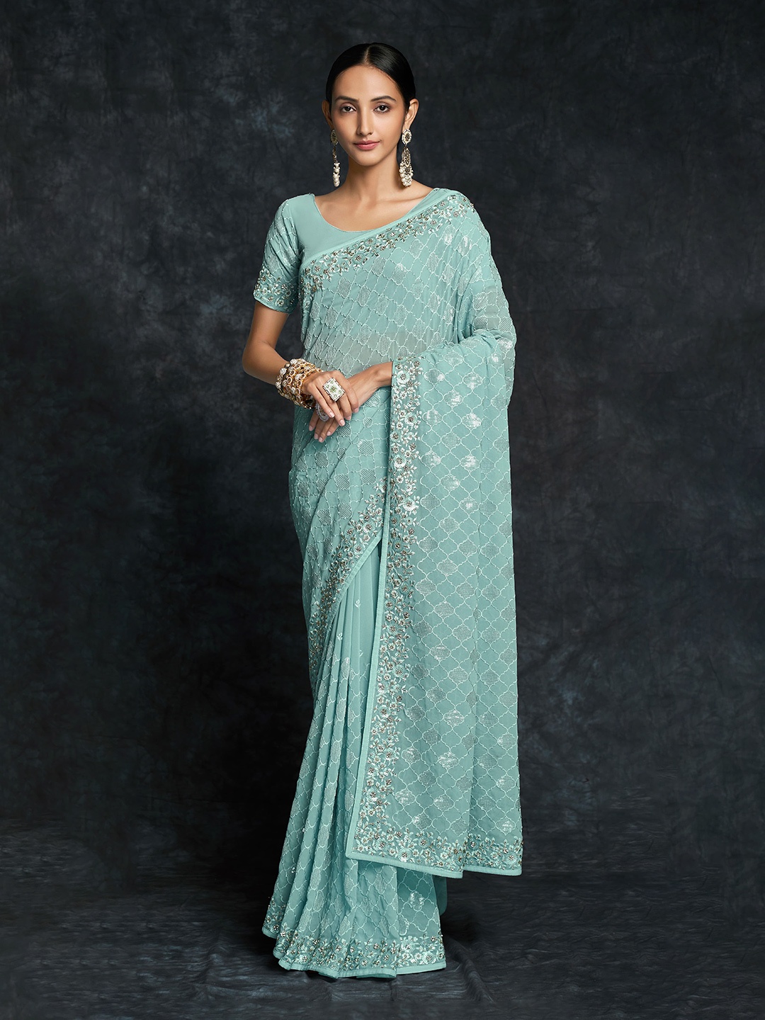 

Fusionic Ethnic Motifs Sequinned Pure Georgette Saree, Blue