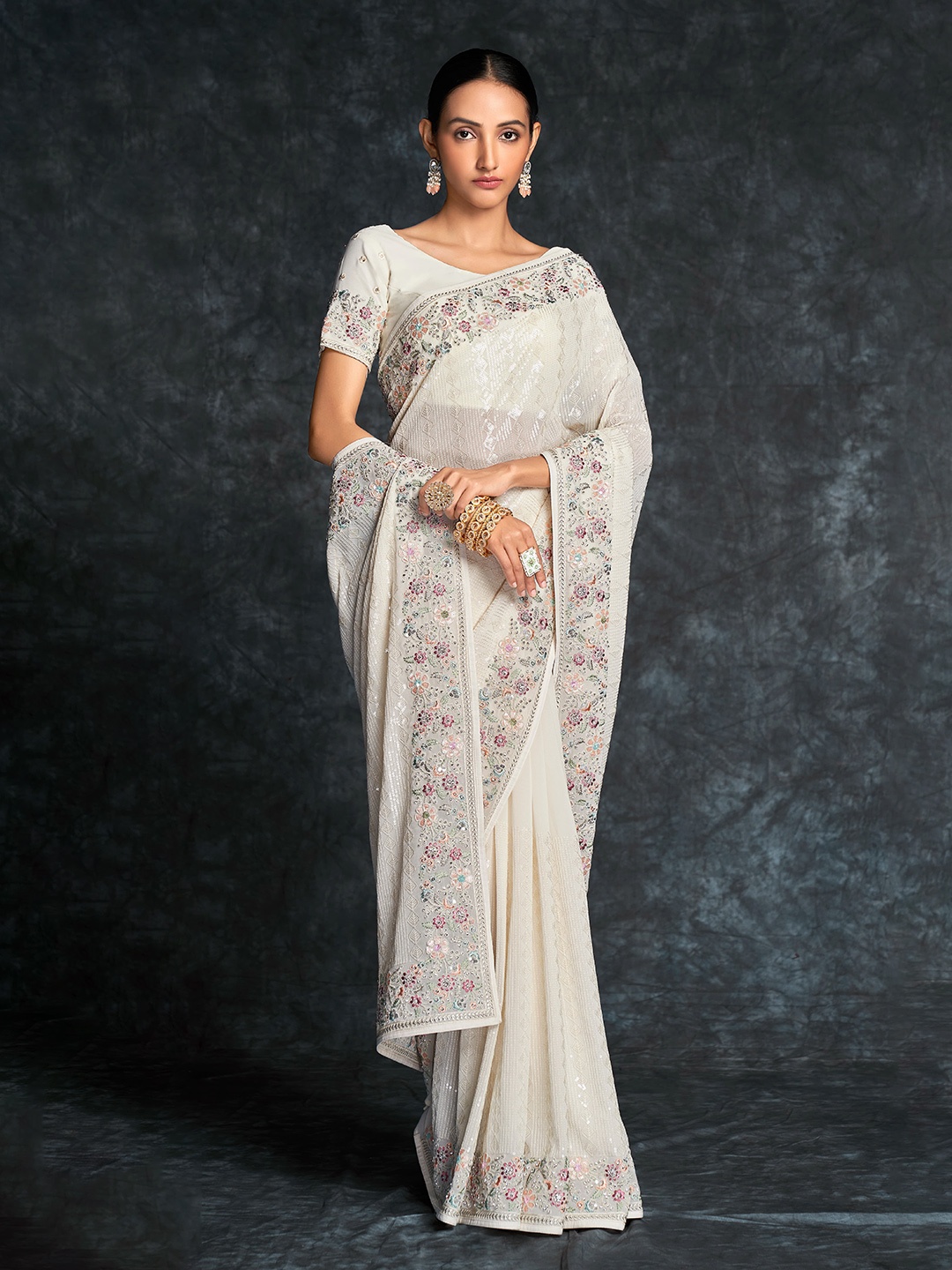 

Fusionic Embellished Sequinned Pure Georgette Saree, White