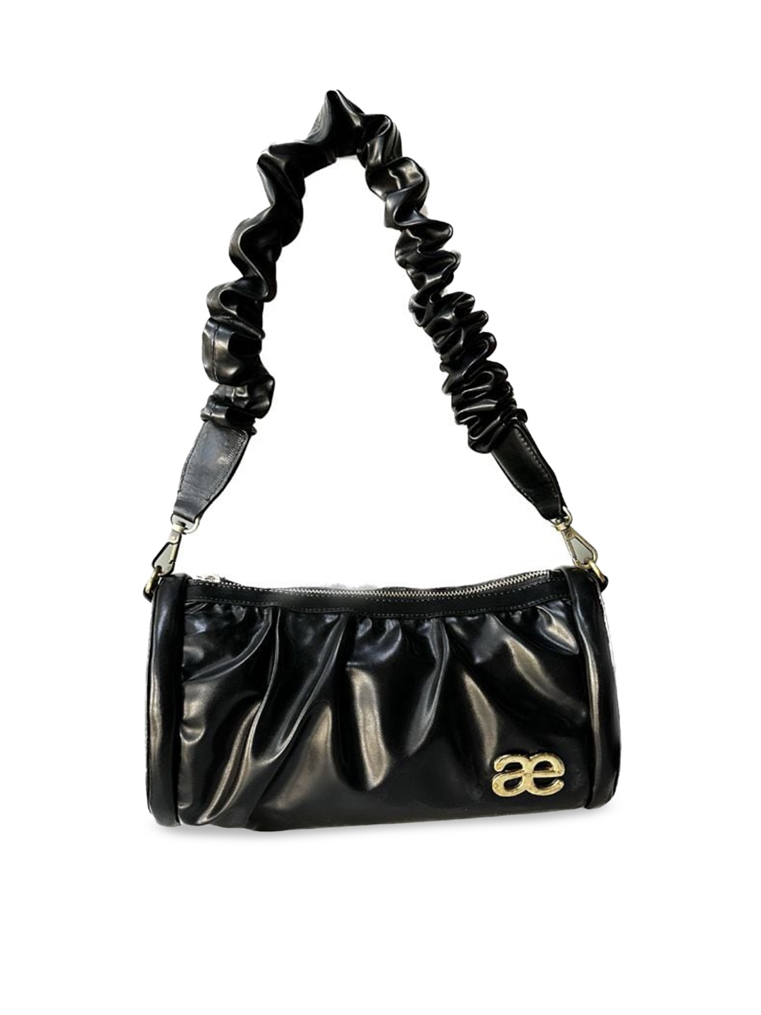 

Aegte Pleated Duffle Bag with Detachable Ruffled Handle & Long Chain Carry, Black