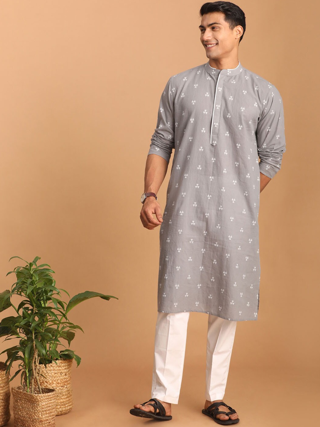 

VASTRAMAY Woven Design Band Collar Pure Cotton Sustainable Kurta With Pyjamas, Grey