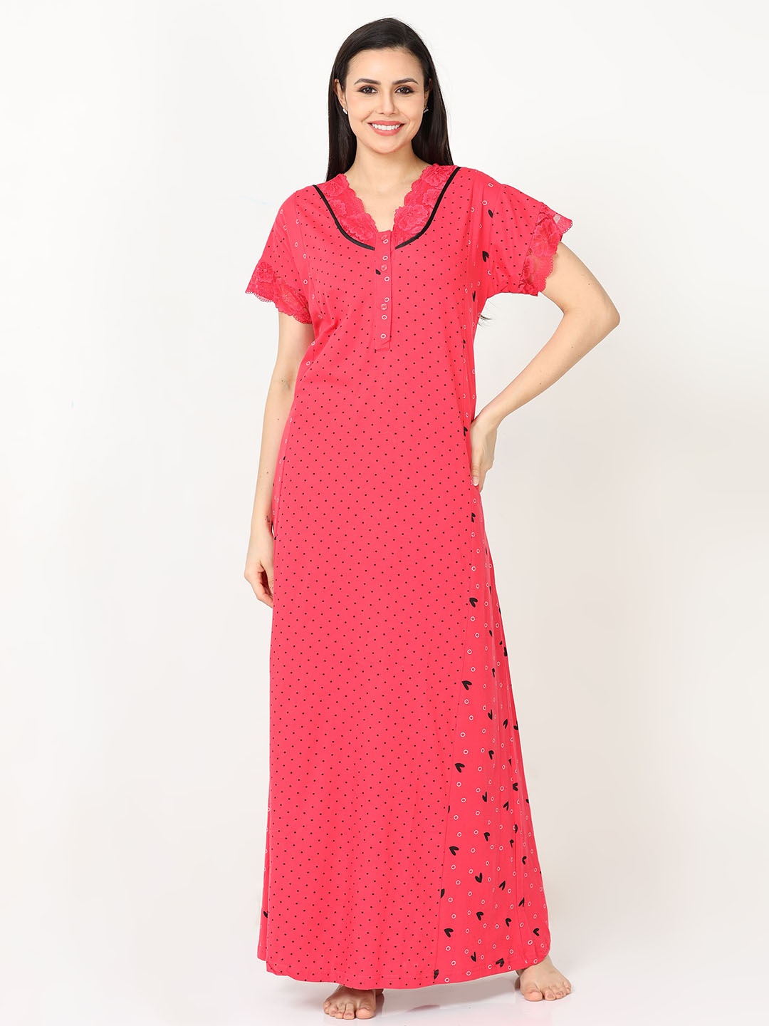 

9shines Label Polka Dots Printed Pure Cotton Maxi Nightdress, Peach