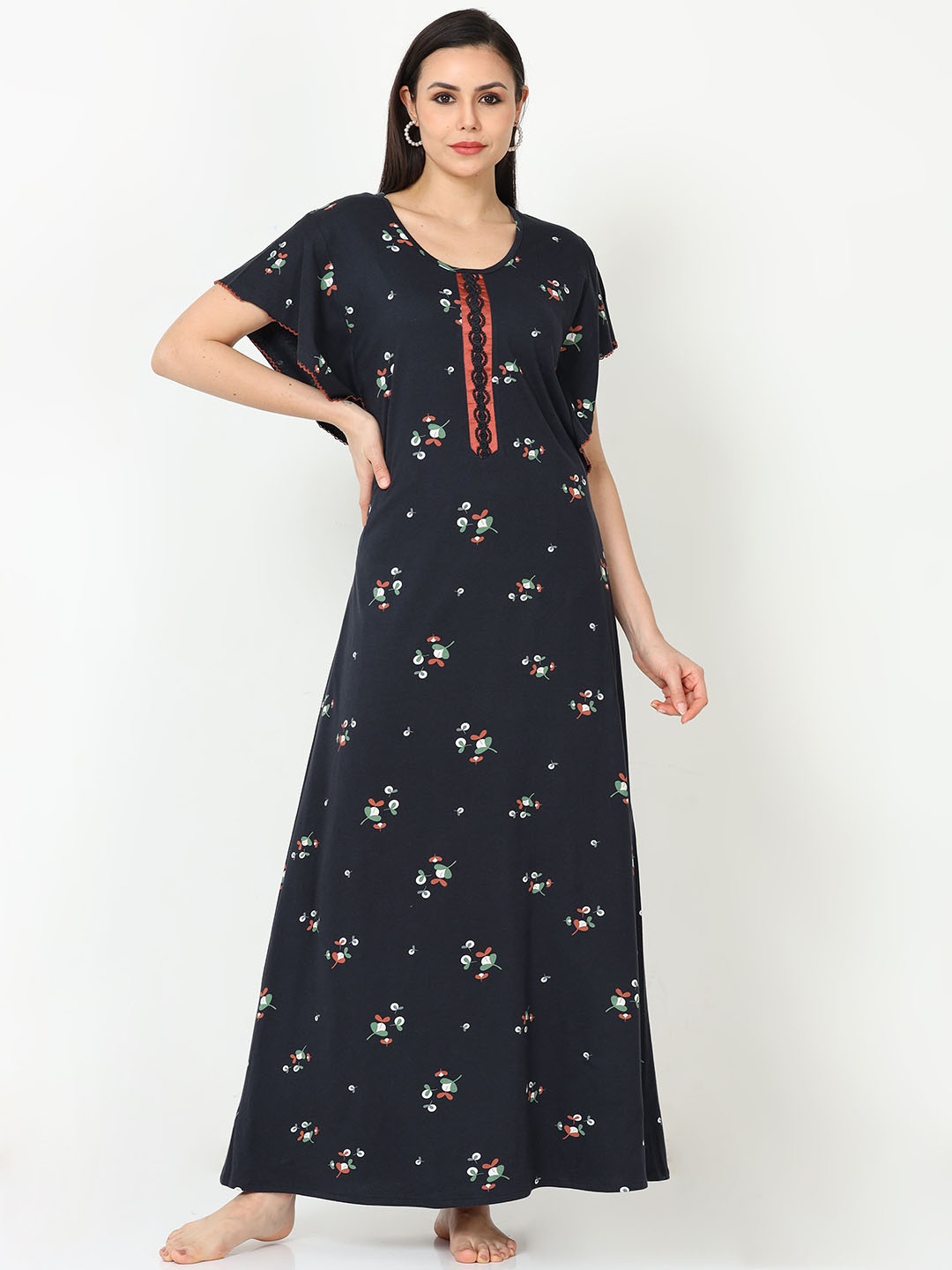 

9shines Label Floral Printed Pure Cotton Maxi Nightdress, Blue