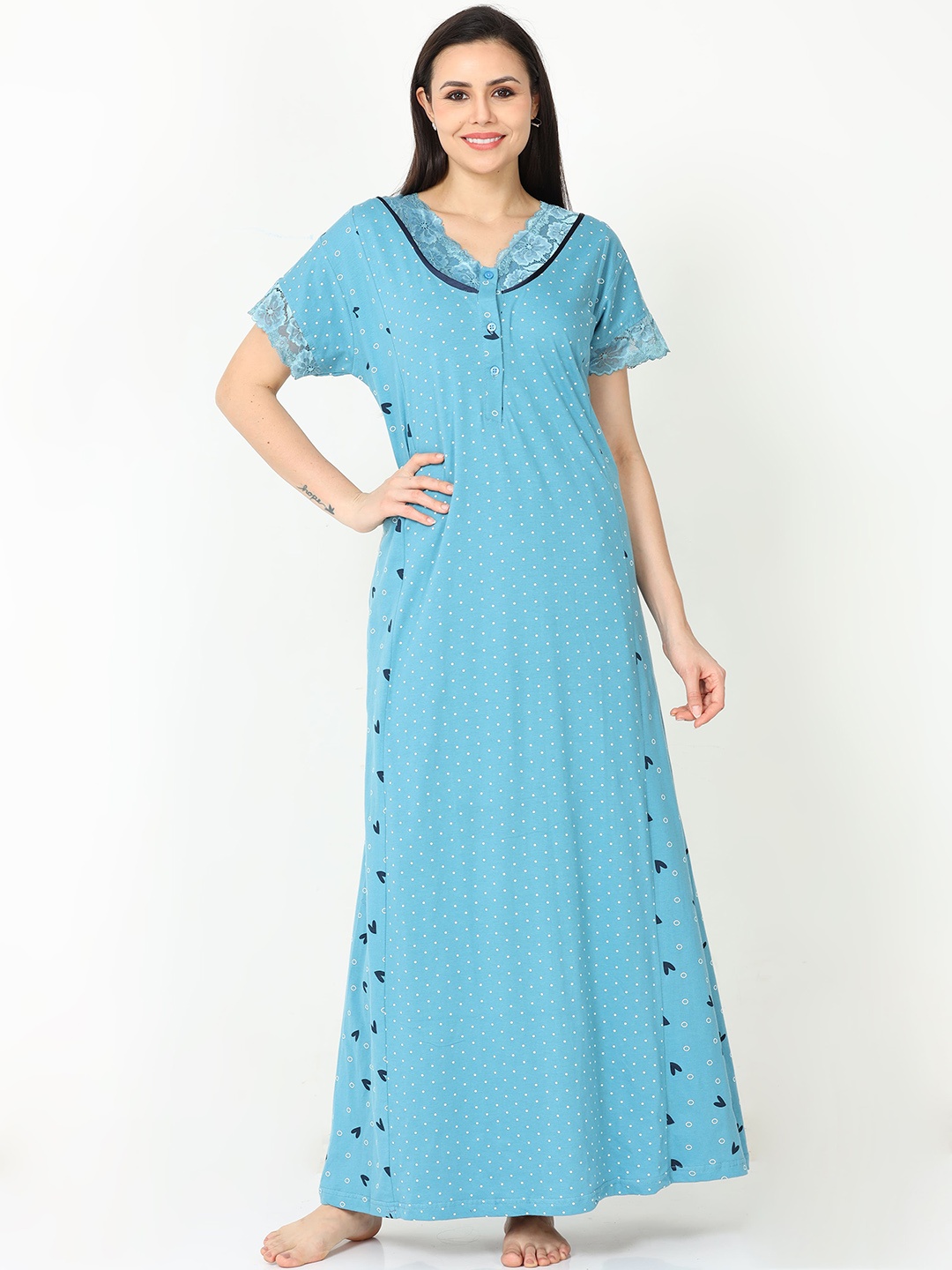 

9shines Label Polka Dots Printed Pure Cotton Maxi Nightdress, Blue
