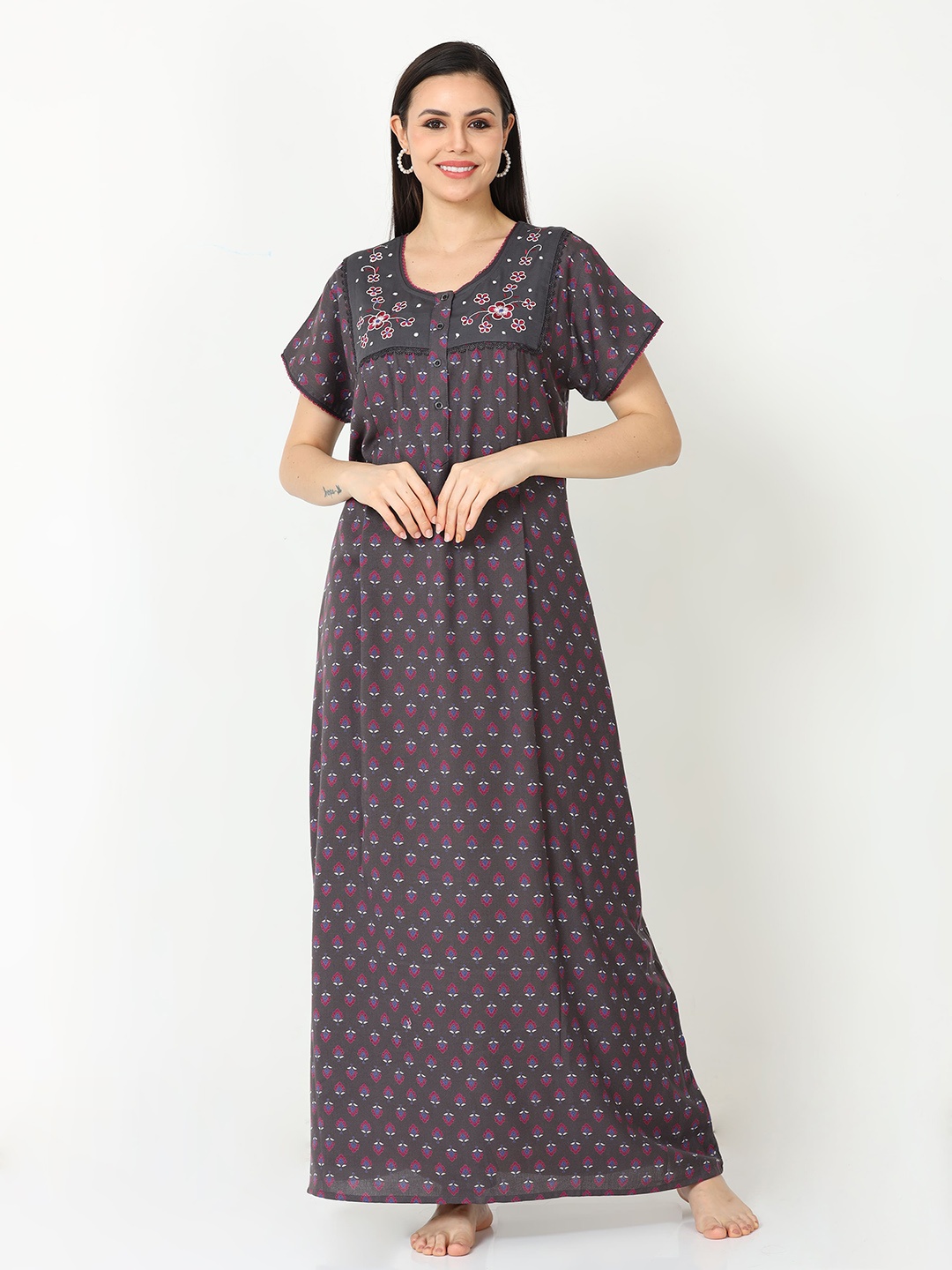 

9shines Label Ethnic Motifs Printed Maternity Maxi Nightdress, Green