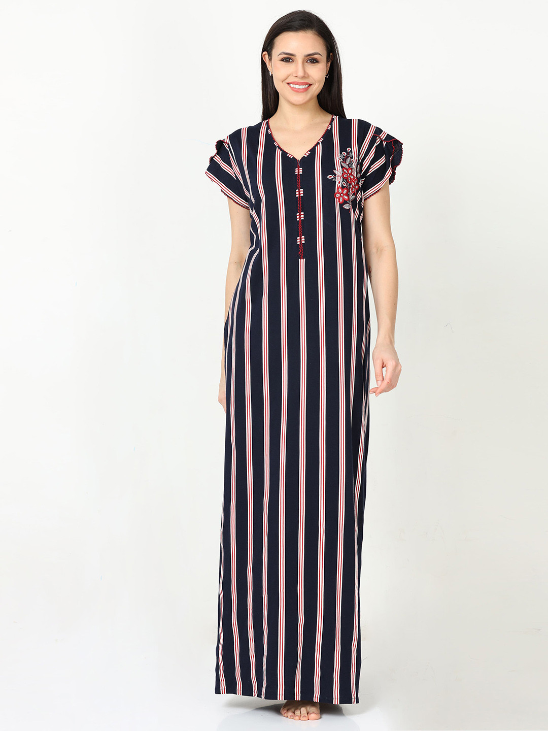 

9shines Label Striped Pure Cotton Maxi Nightdress, Black