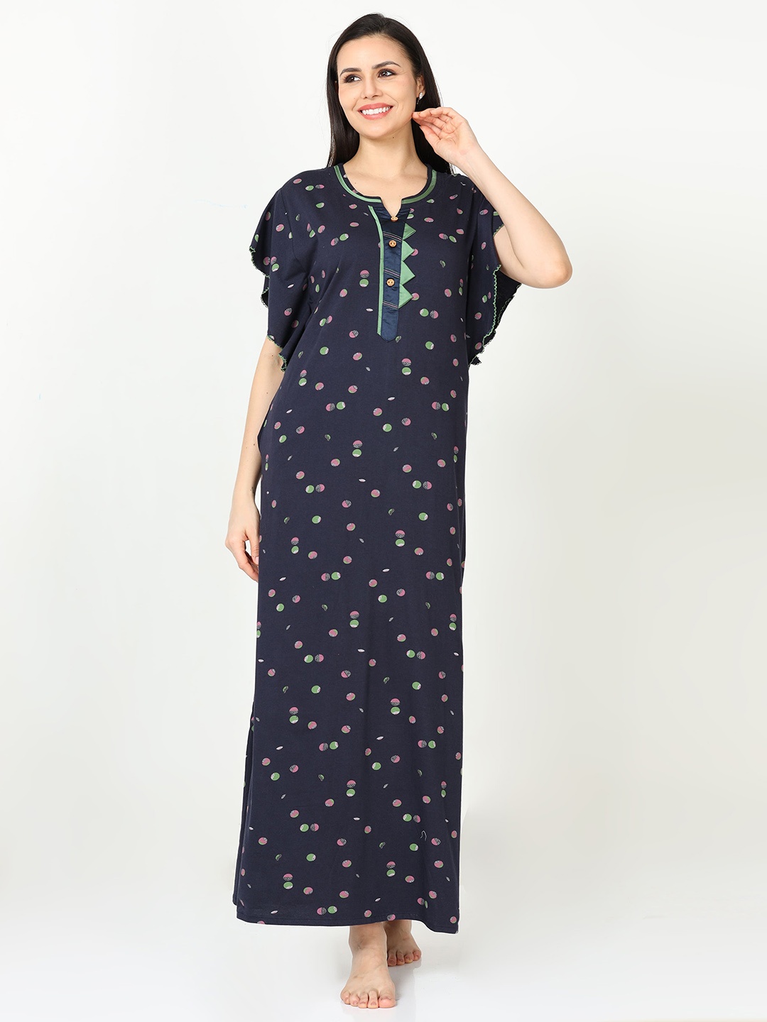

9shines Label Polka Dots Printed Pure Cotton Maxi Nightdress, Blue