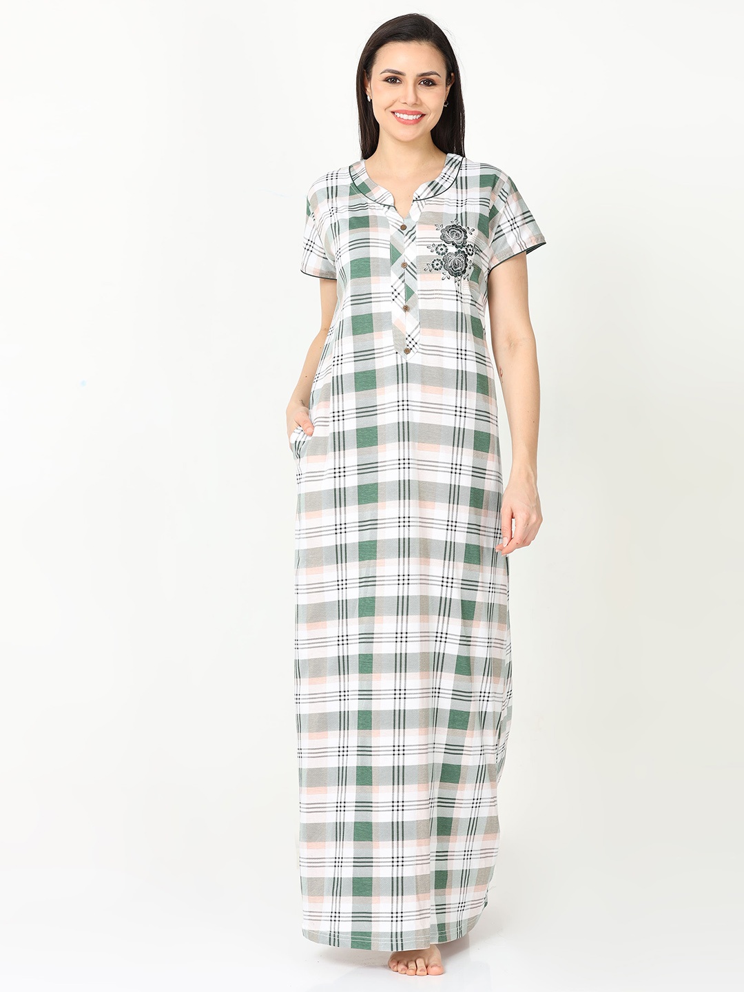 

9shines Label Checks Pure Cotton Maxi Nightdress, Grey