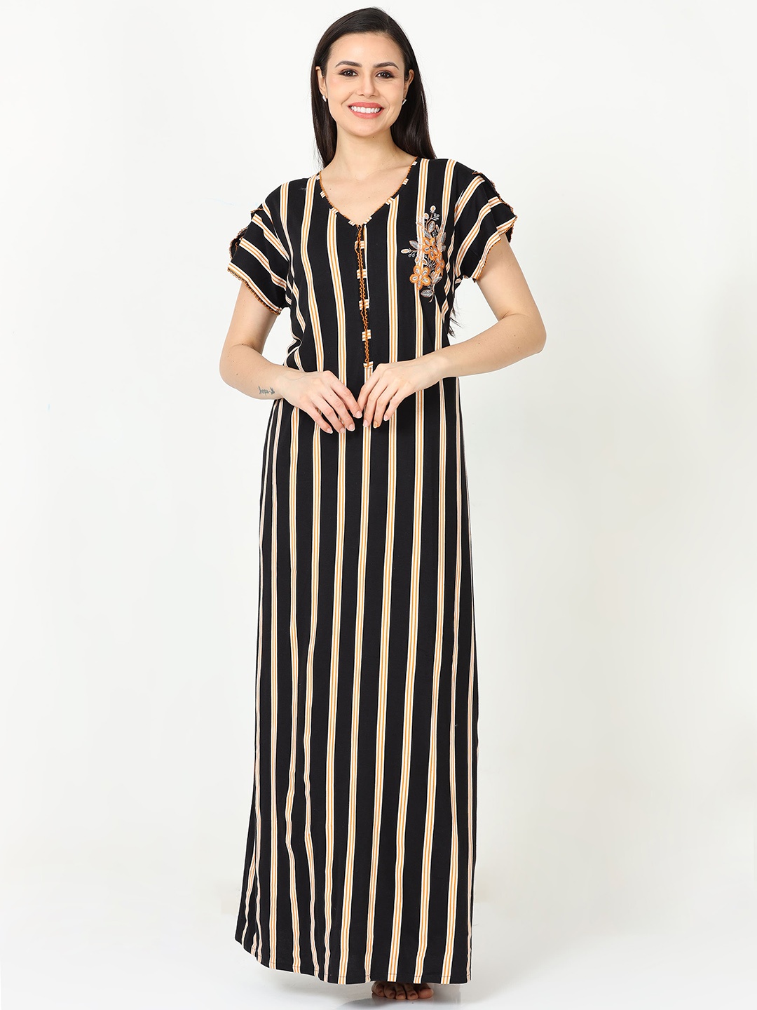 

9shines Label Striped Pure Cotton Maxi Nightdress, Black