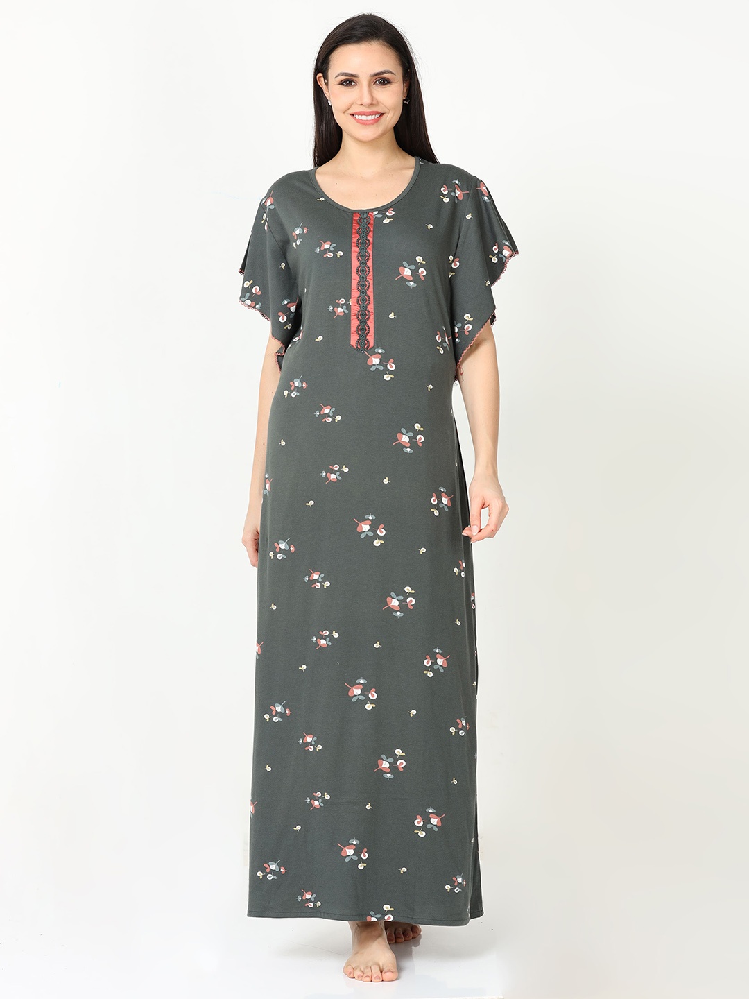 

9shines Label Floral Printed Pure Cotton Maxi Nightdress, Green