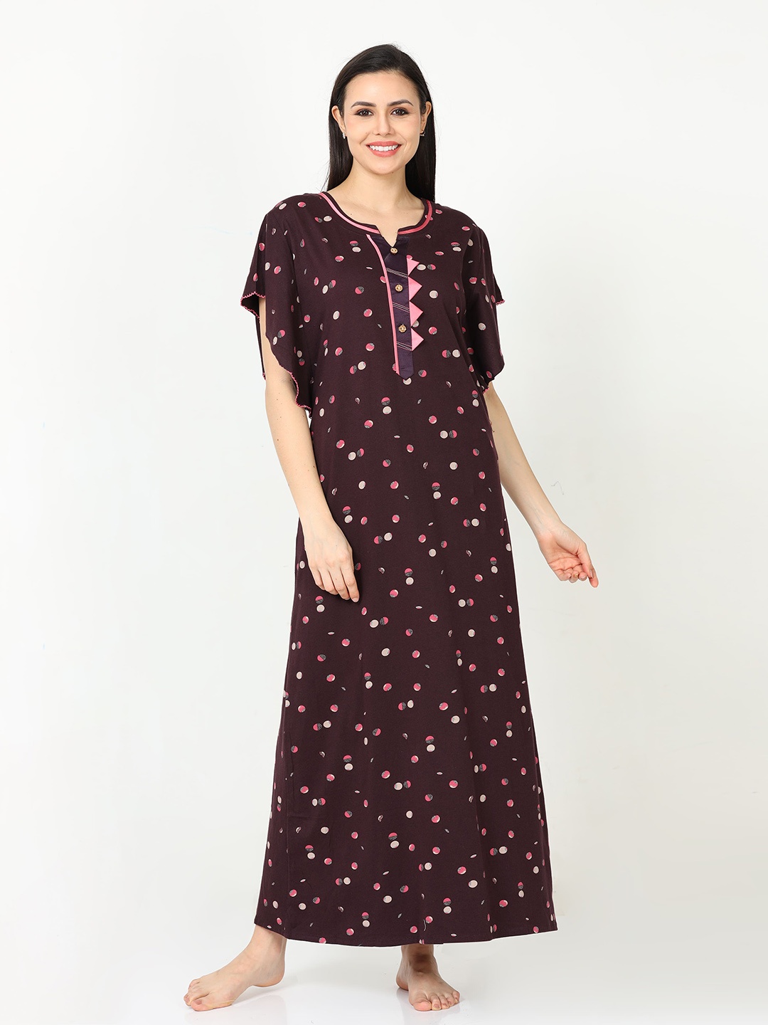 

9shines Label Polka Dots Printed Pure Cotton Maxi Nightdress, Maroon