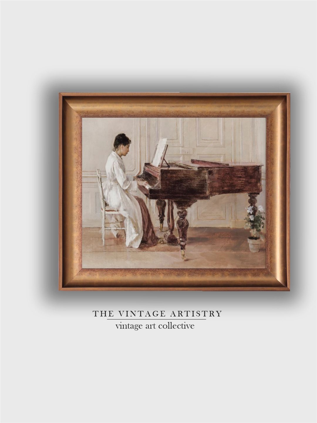 

THE VINTAGE ARTISTRY Beige & Brown Woman Playing Piano Printed Framed Wall Art