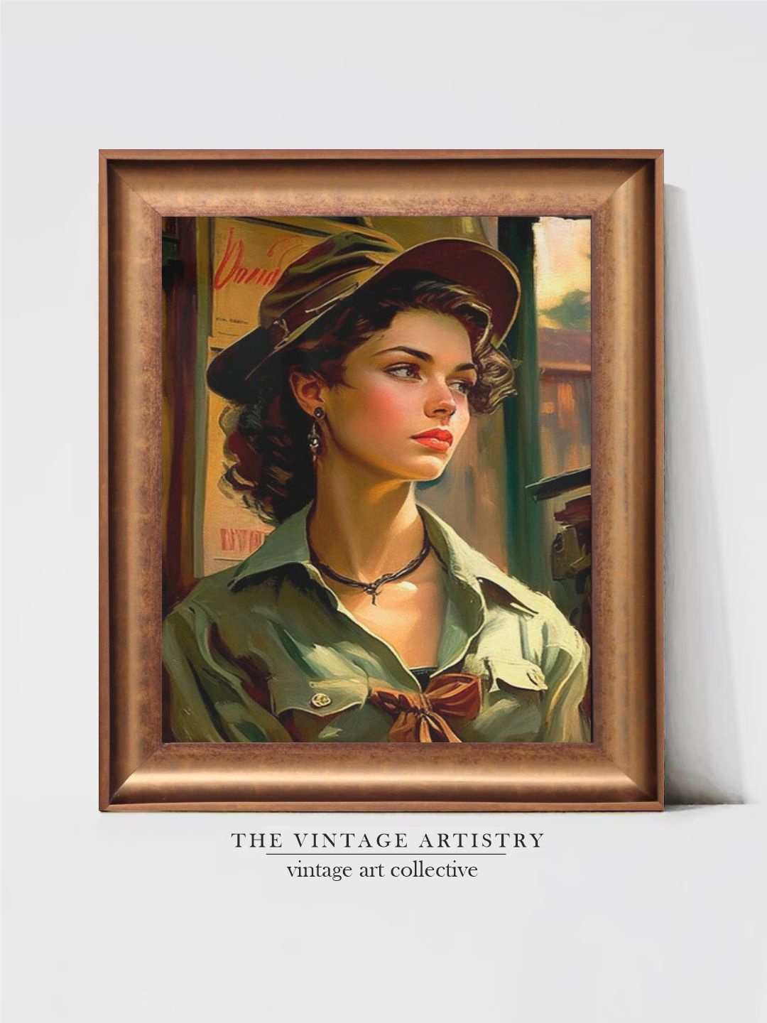 

THE VINTAGE ARTISTRY Green & Beige Woman Wearing Framed Wall Art