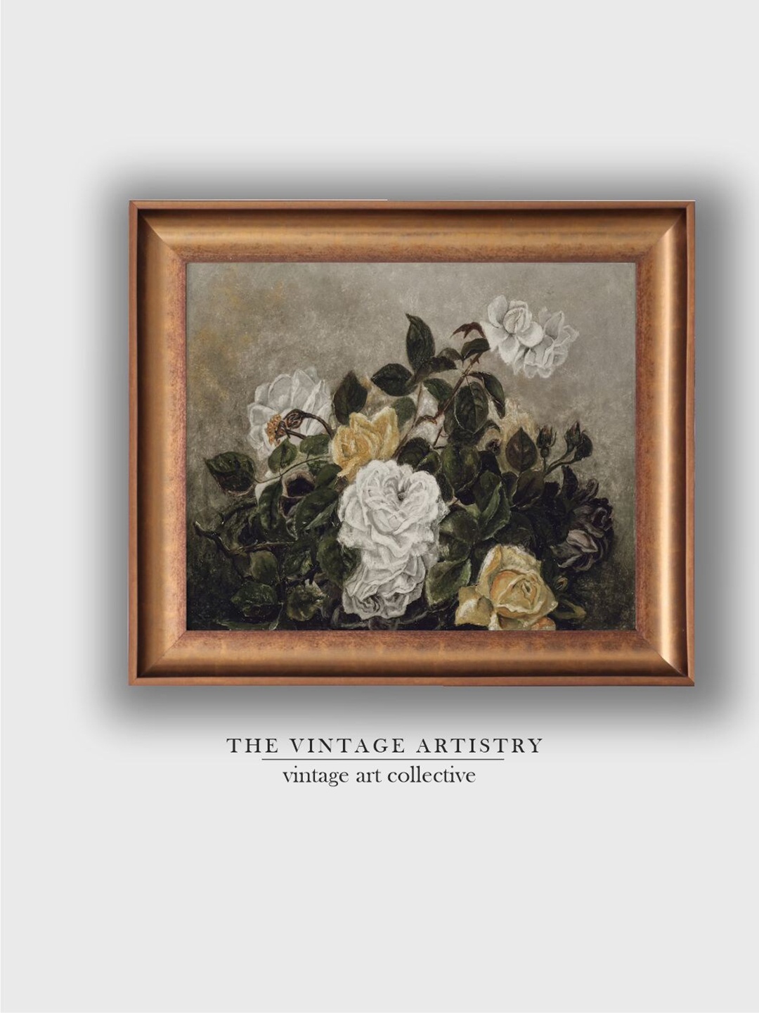 

THE VINTAGE ARTISTRY Brown & Green Still Life Of Roses Print Framed Wall Painting