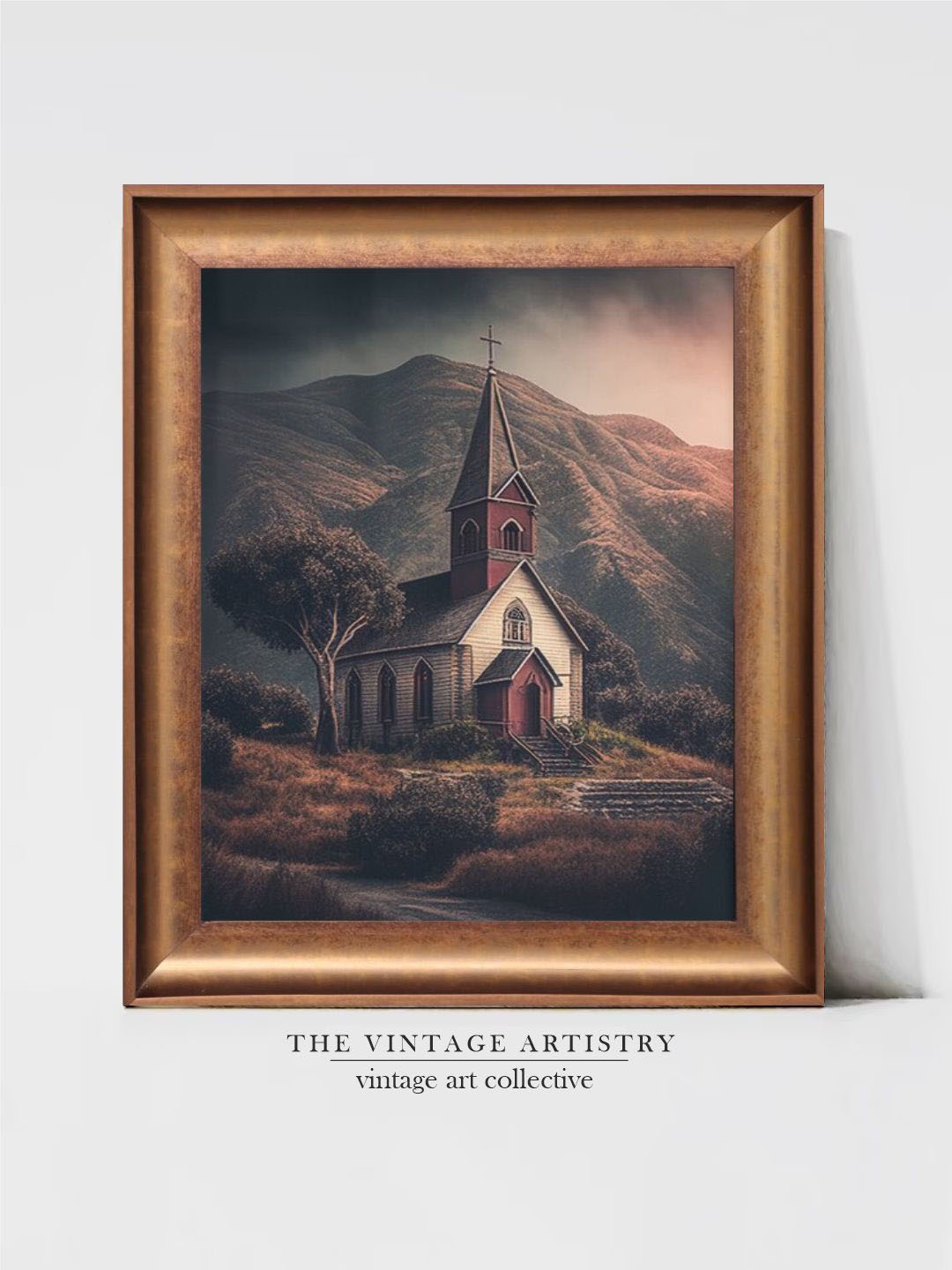 

THE VINTAGE ARTISTRY Brown & Green Simple Church Canvas Printed Framed Wall Painting, Multi