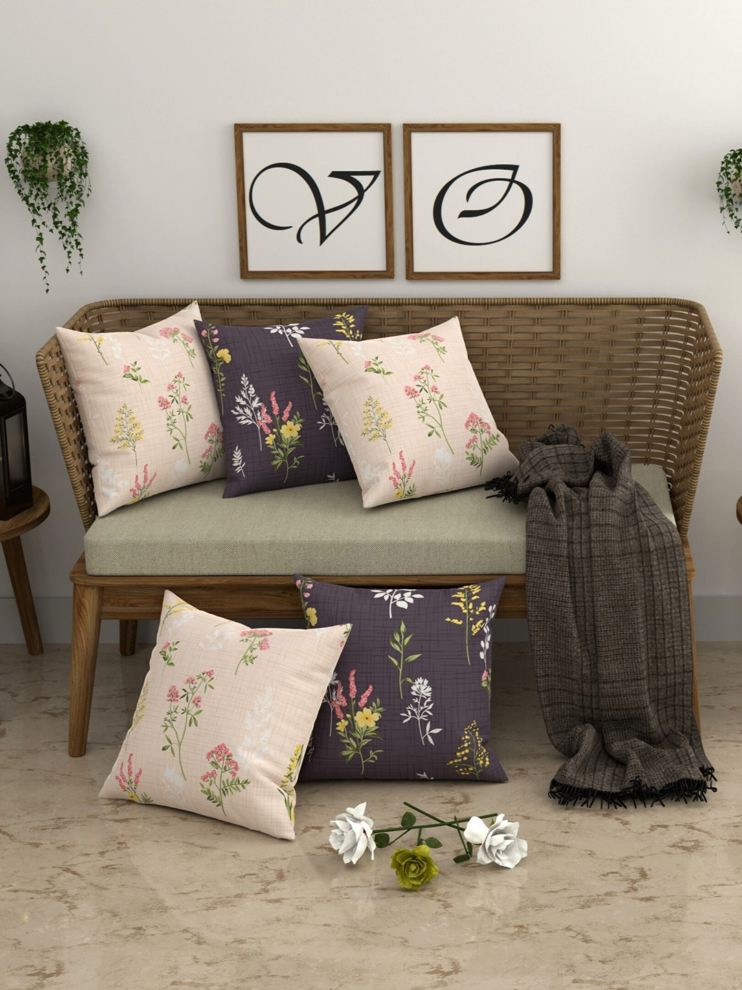 

CHHAVI INDIA Beige & Green 5 Pieces Floral Printed Square Cushion Covers