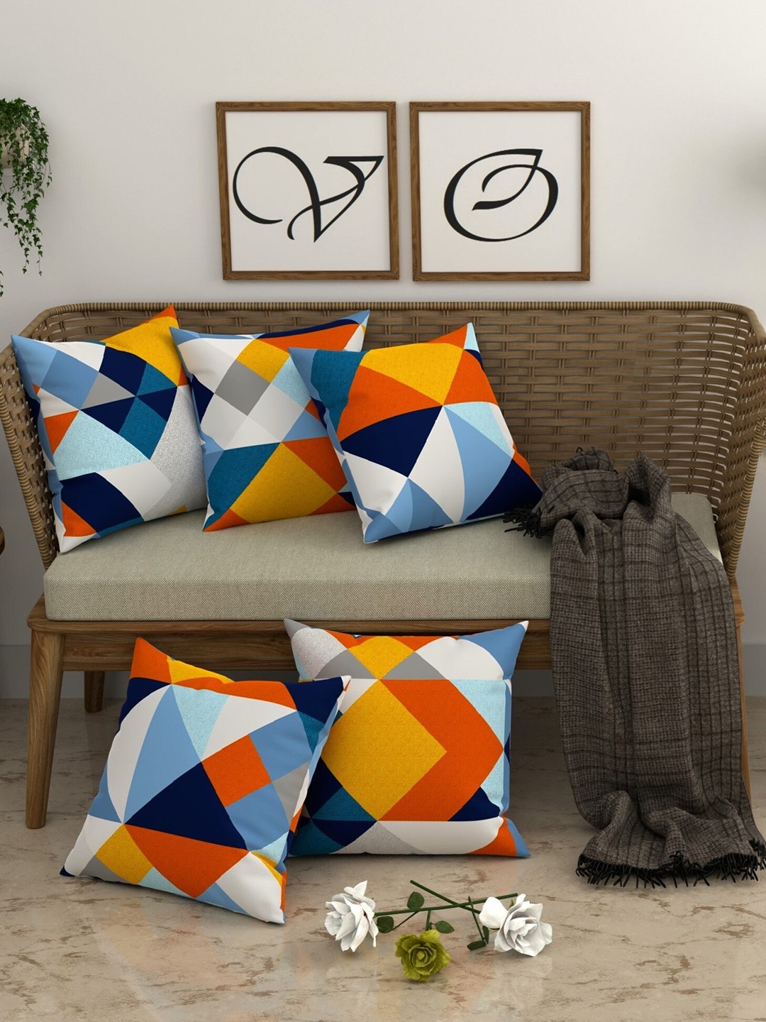 

CHHAVI INDIA Orange & Blue 5 Pieces Geometric Printed Square Cushion Covers