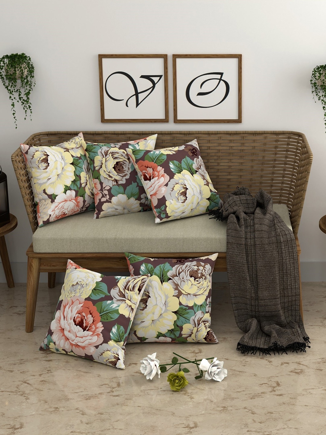 

CHHAVI INDIA Beige & Green 5 Pieces Floral Printed Square Cushion Covers