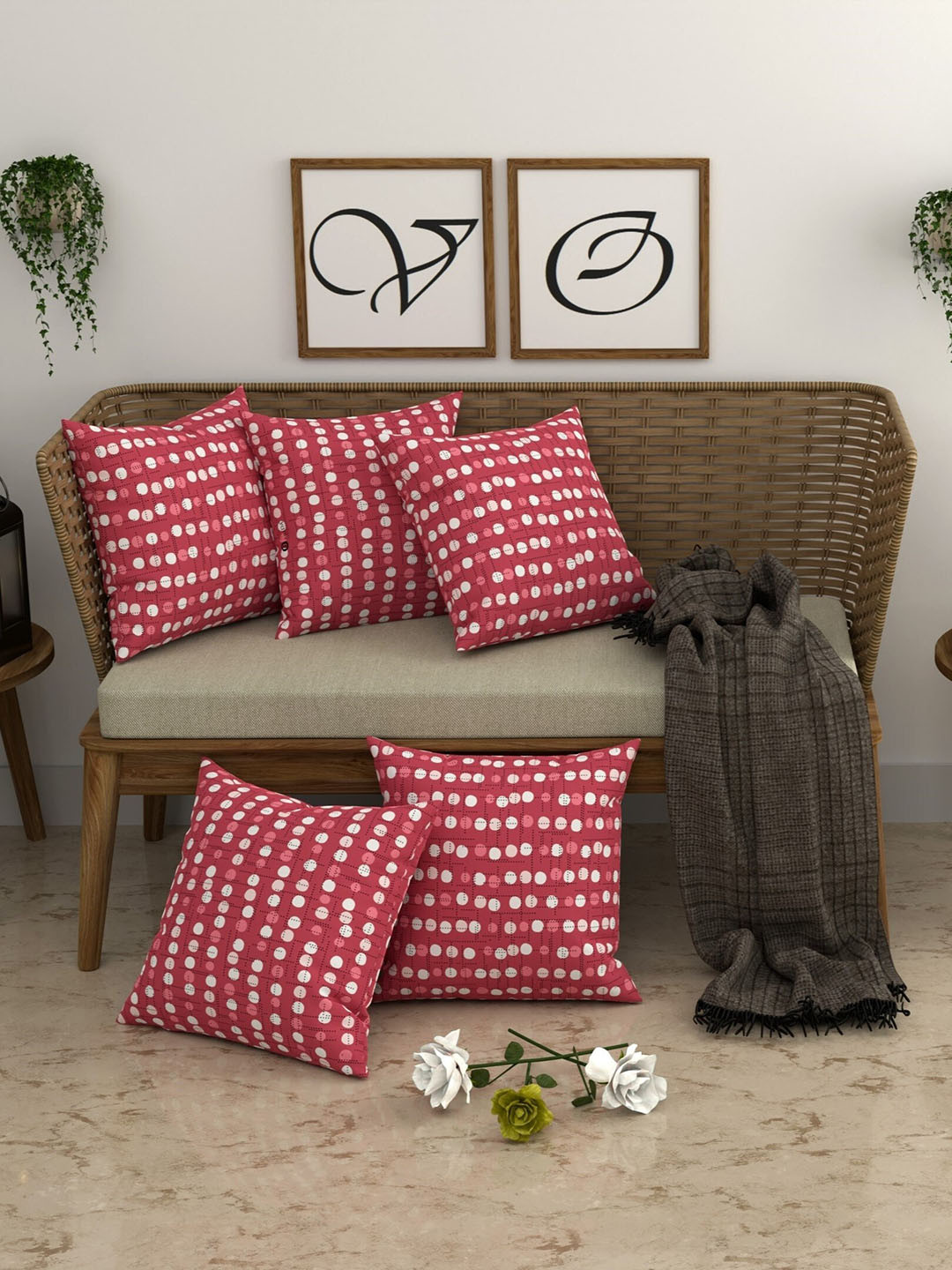 

CHHAVI INDIA Pink & White 5 Pieces Abstract Geometric Printed Square Cushion Covers