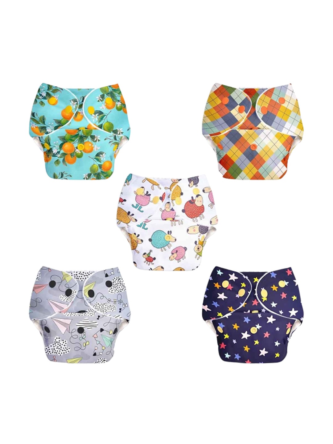 

SuperBottoms Kids Basic Set Of 5 Printed Waterproof Outer Shell Adjustable Cloth Diapers, Multi