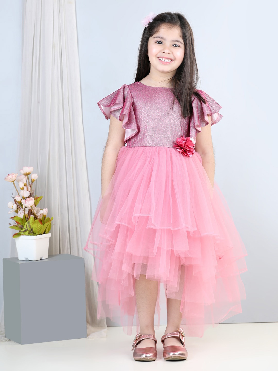 

Toy Balloon kids Girls Round Neck High Low Crepe Fit & Flare Dress, Pink