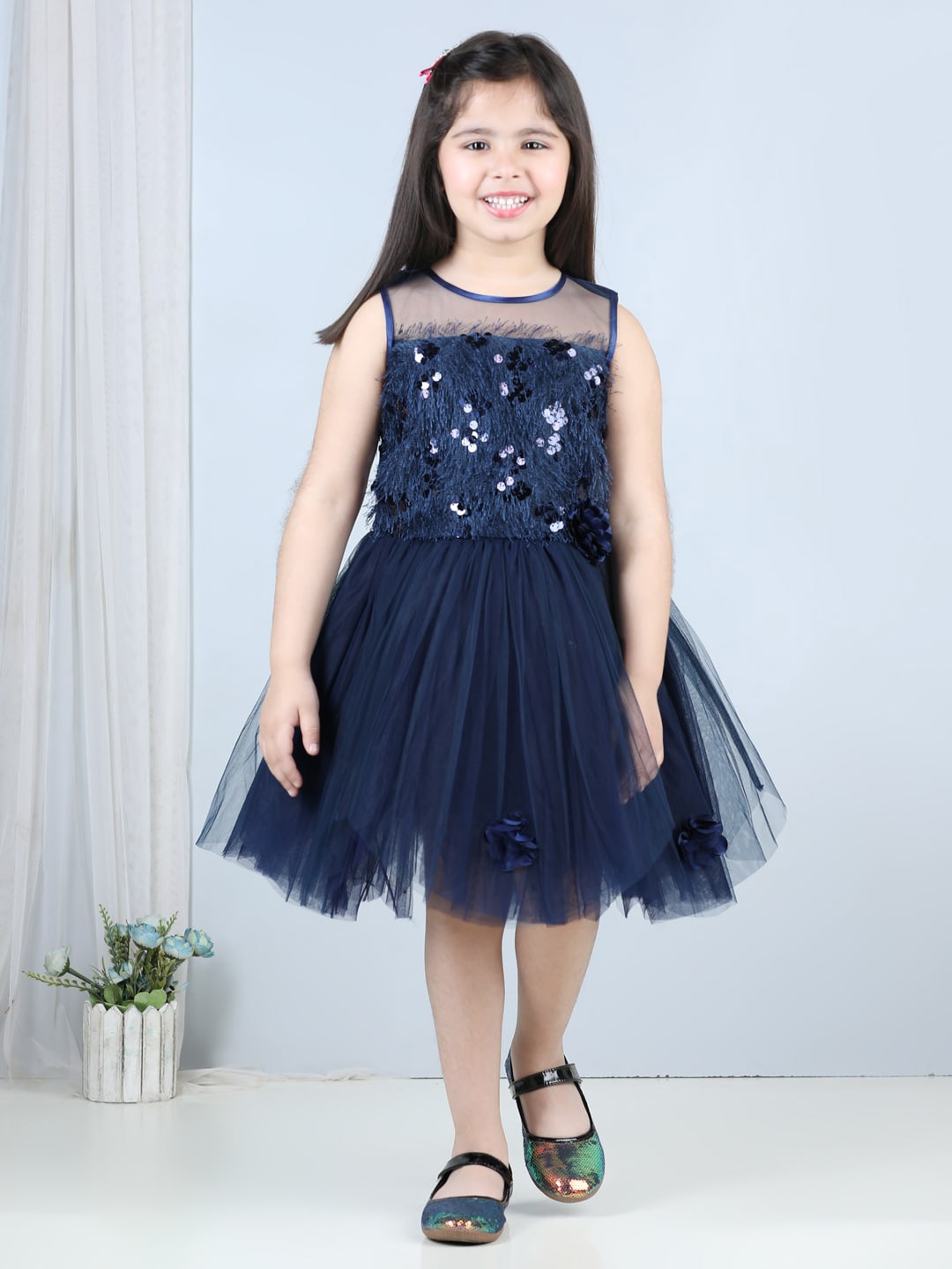 

Toy Balloon kids Girls Sequined Embroidered Crepe Fit & Flare Dress, Navy blue