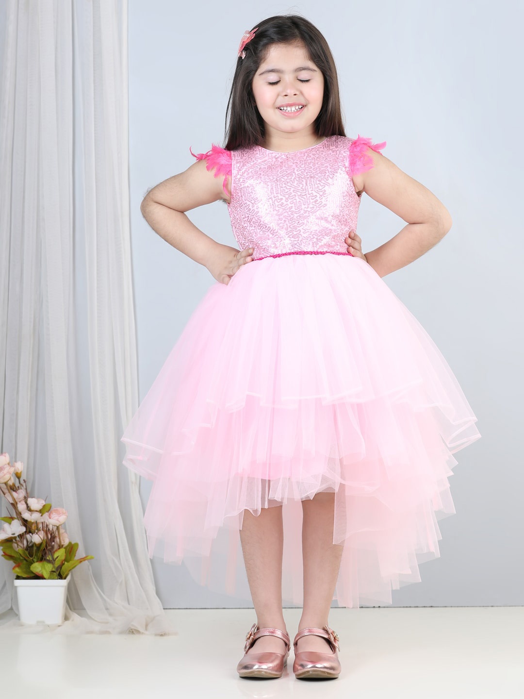 

Toy Balloon kids Girls Sequined Embroidered High Low Crepe Fit & Flare Dress, Pink