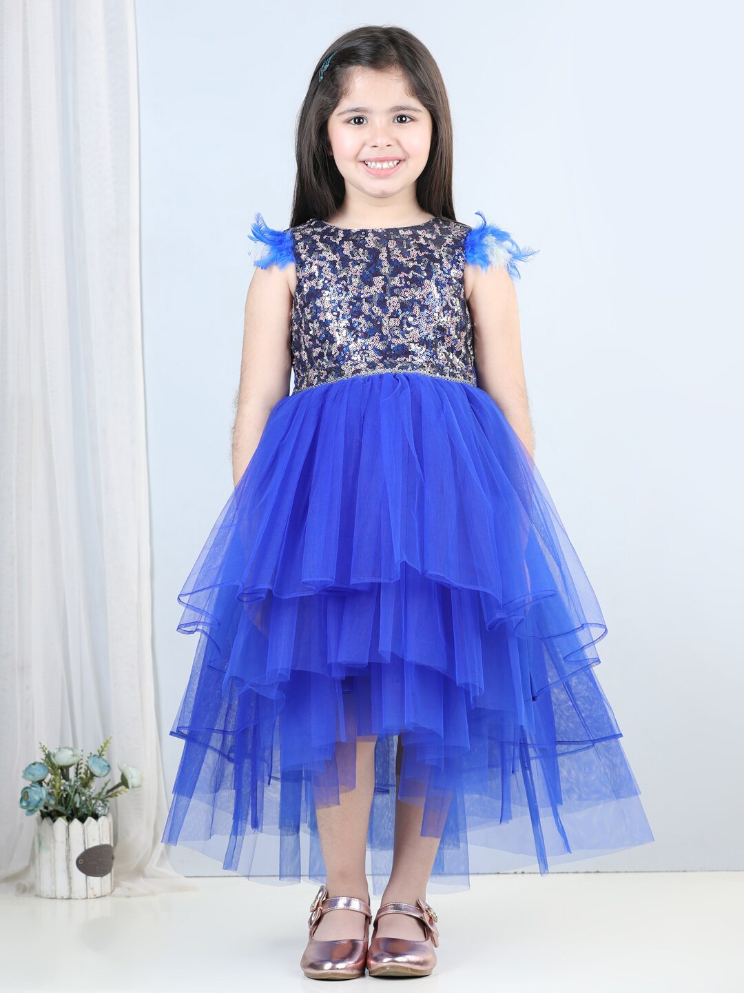 

Toy Balloon kids Girls Sequined Embroidered High Low Crepe Fit & Flare Dress, Blue